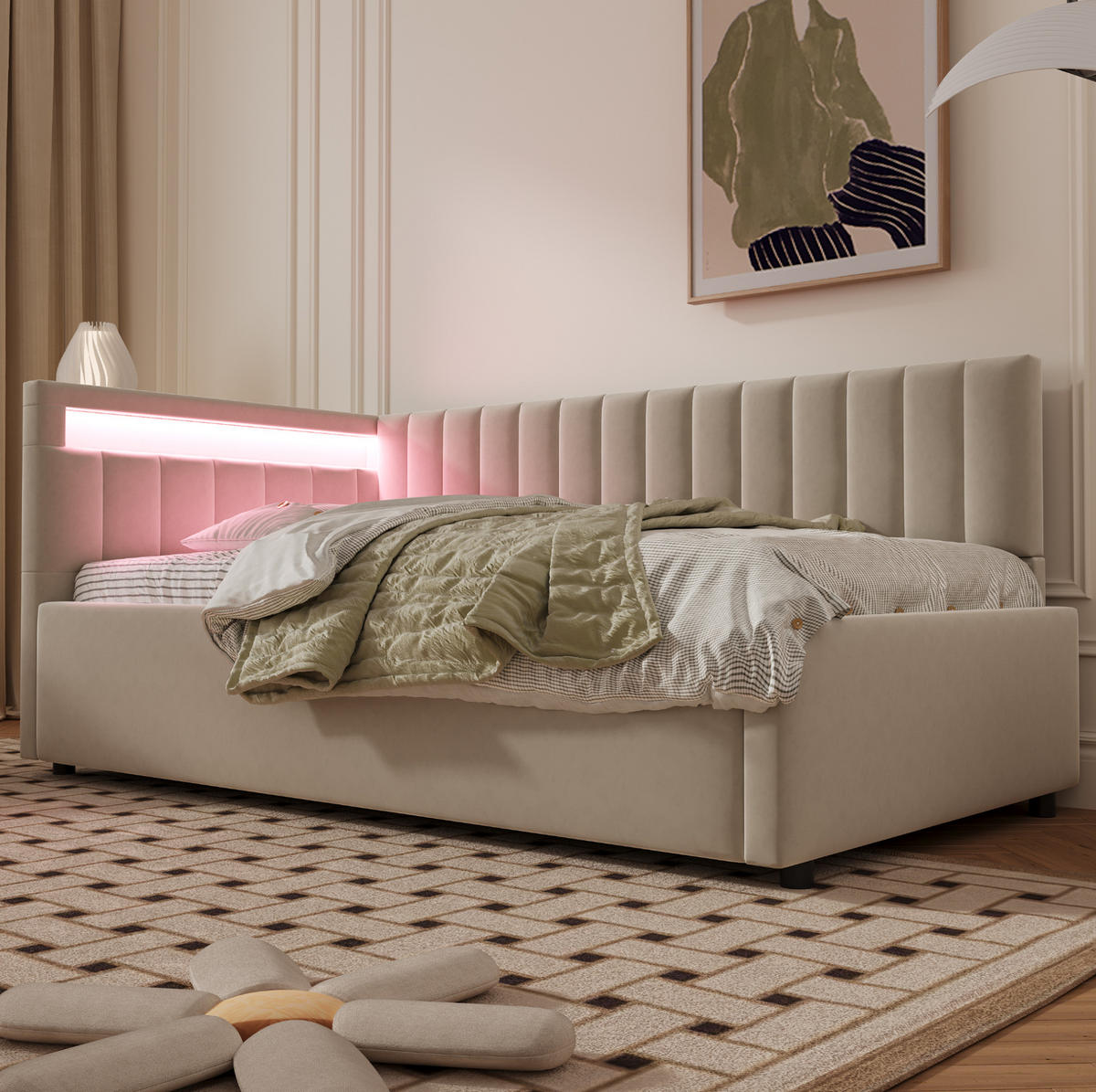 POLSTERBETT 90/200 cm beige aus Samt mit LED und hydraulischem Stauraum - Beige, Textil (90/200cm) - OKWISH
