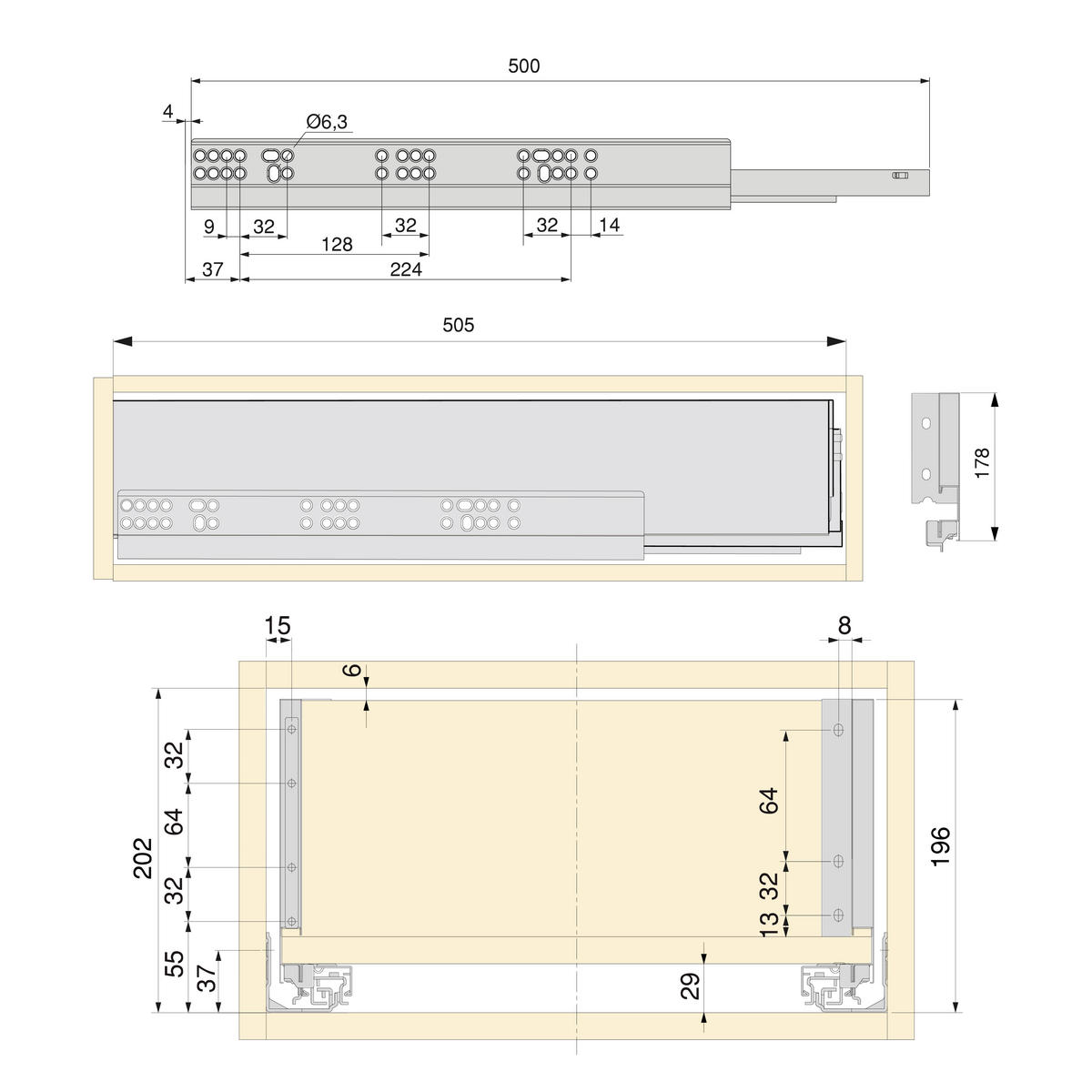 SCHUBLADEGARNITUR Vertex für Küche oder Badezimmer, Höhe 178mm, mit Einlegeböden, Modul 900mm, Anthrazitgrau - Anthrazit, Metall (88.5/8/53cm) - EMUCA