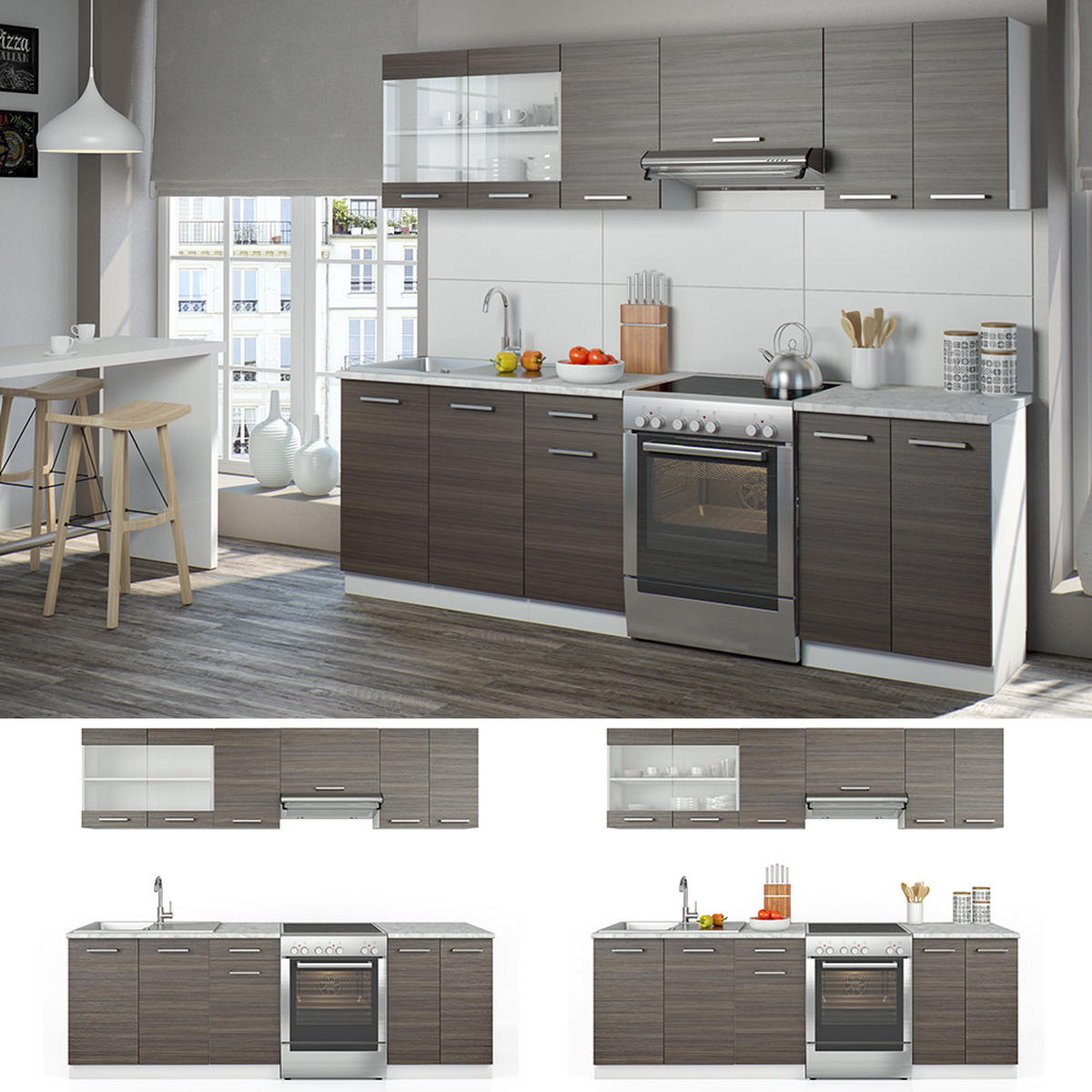 KÜCHENZEILE Raul Edelgrau 240 cm, AP Marmor - Braun/Weiß, Holzwerkstoff (240/81.6/60cm) - Vicco