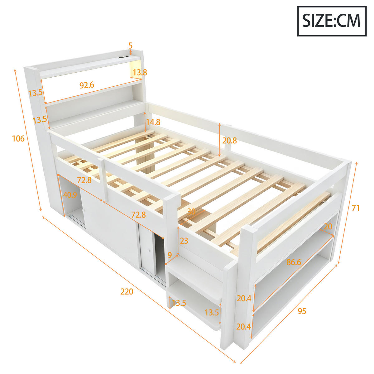 KINDERBETT 90/200 cm in Weiß Holz mit Stauraum, LED und USB - Weiß, Holz/Holzwerkstoff (90/200cm) - WISHDOR