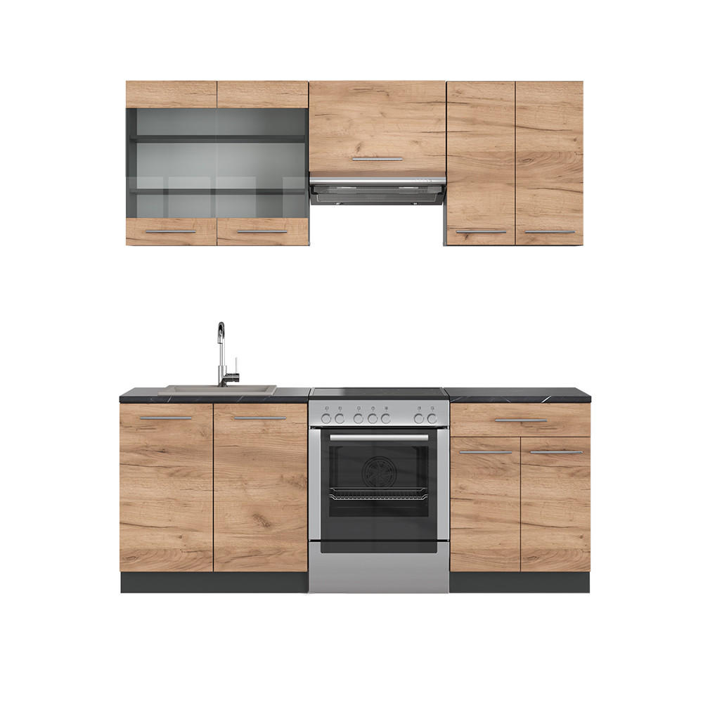KÜCHENZEILE Fame-Line Goldkraft Eiche/Anthrazit 200 cm, AP Anthrazit - Honigeiche/Anthrazit, Holzwerkstoff (200/81.6/60cm) - Vicco
