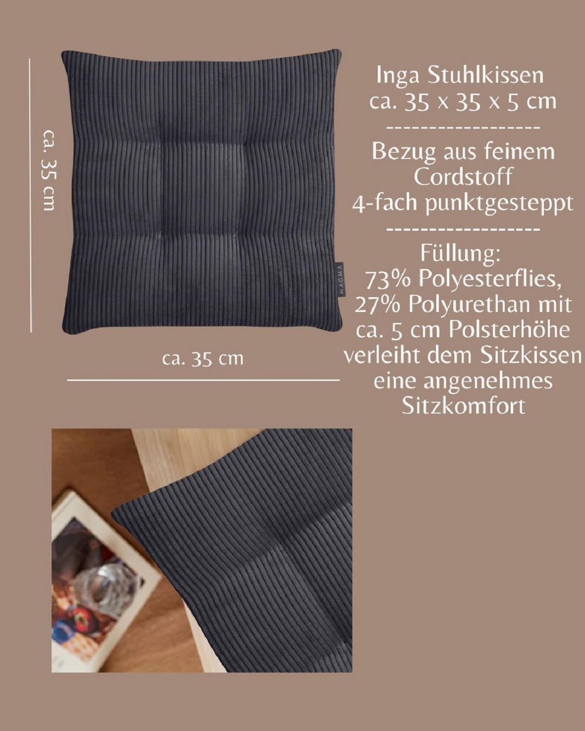 STUHLKISSEN 2er Set Inga - Anthrazit, Textil (35/35/5cm) - Magma Heimtexx