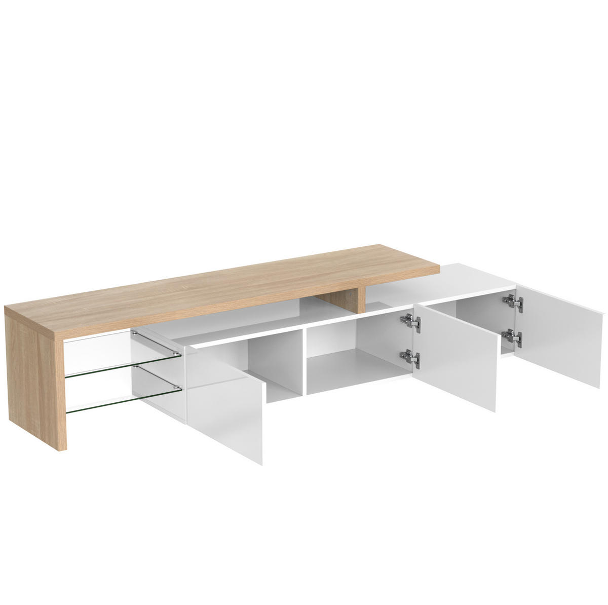 LOWBOARD 197.5/39/42 cm in Natur/Weiß aus MDF und Glas mit LED-Beleuchtung - Weiß, Holzwerkstoff (39/42/197.5cm) - OKMYHOME