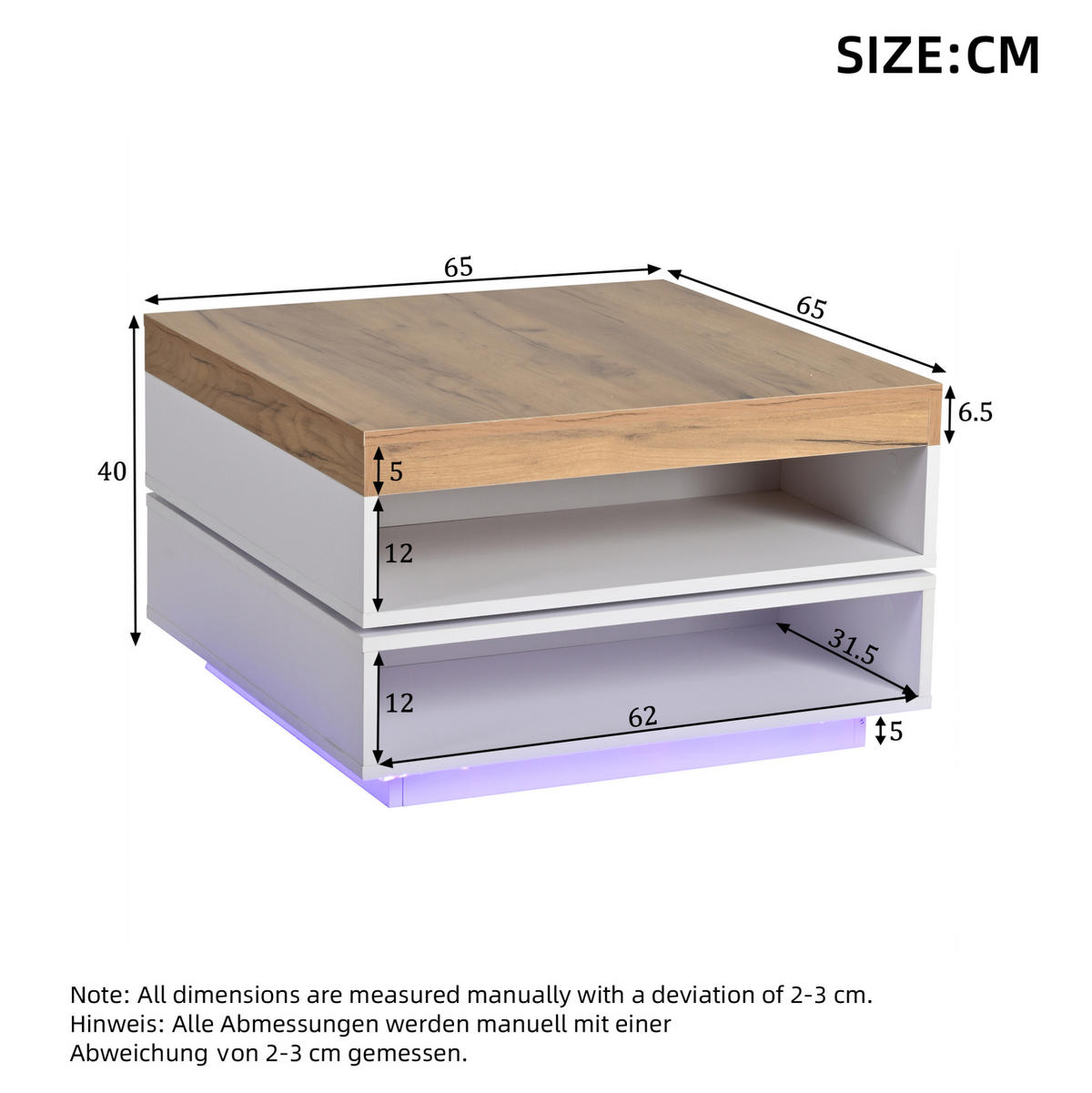 KONFERENČNÍ stolek, 65/65/40 cm, MDF bílá a dubový dekor, otočná deska s LED - bílá, kompozitní dřevo (65/65/40cm) - BEAOK