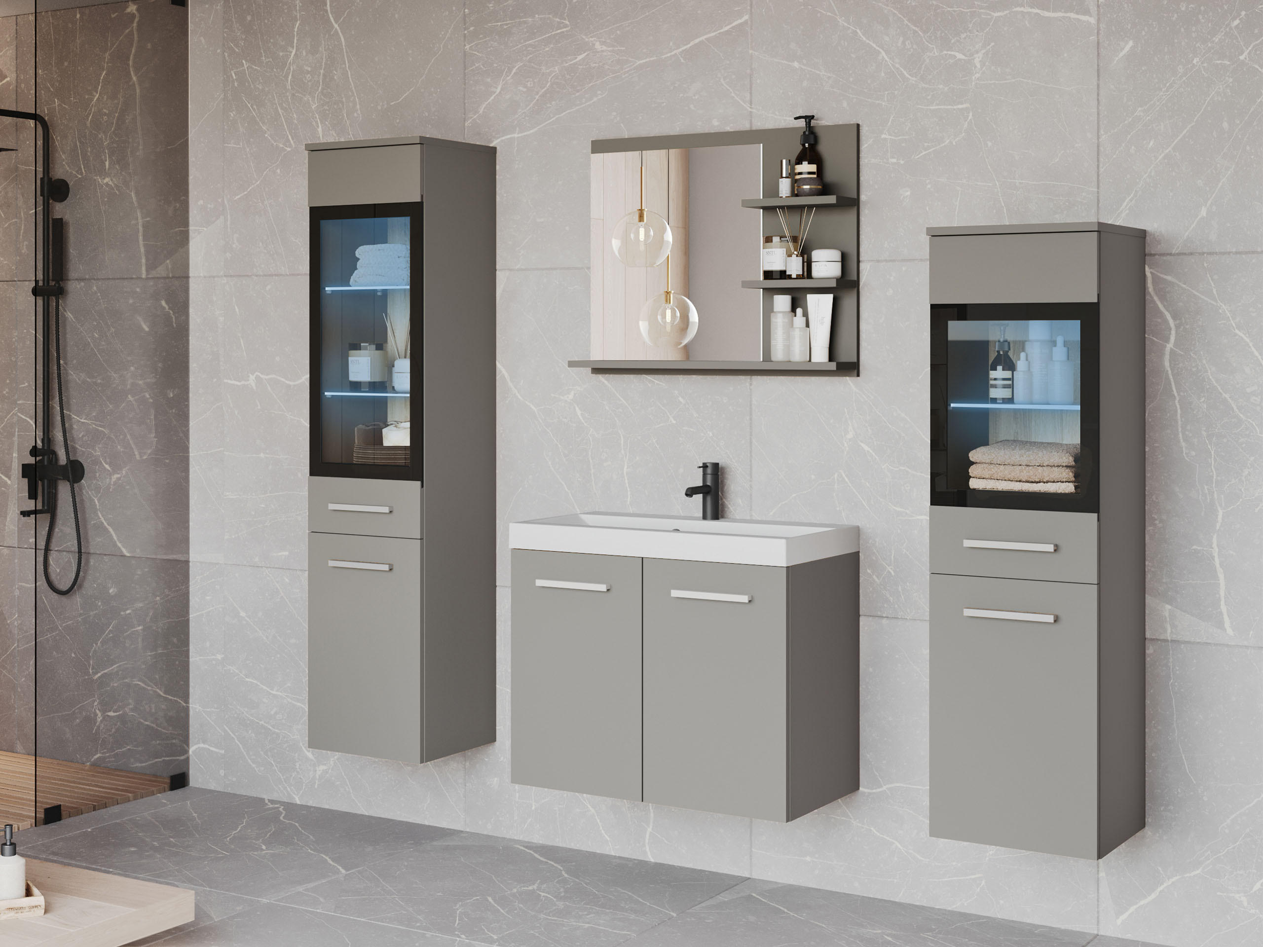 BADMÖBEL-SET Madrit I mit RGB LED Beleuchtung - Grau, Holzwerkstoff (30/132/30cm) - MIRJAN24