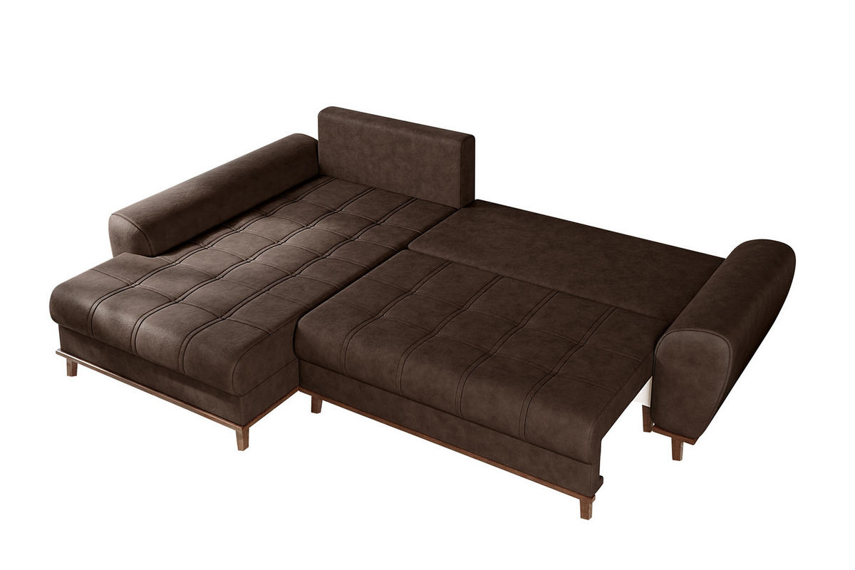 ECKSOFA im Scandi-Stil, Schlaffunktion, Bettkasten B268/T175/H86 cm, Ottomane links, Liegefl. 128x209 cm, Mikrofaserstoff in Vintage Braun / 21018 - Eichefarben/Braun, Holz/Textil (268/175cm) - luma-home