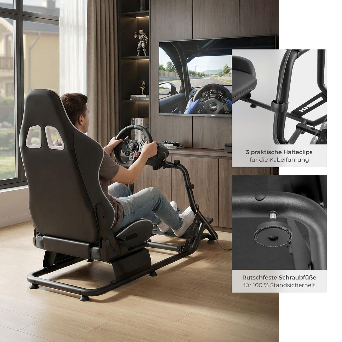 SIM-RACING-COCKPIT Play, GT-Style Rennsitz,57 x 144 x 108,5 cm, schwarz - Schwarz, Metall (57/62/220cm) - tectake