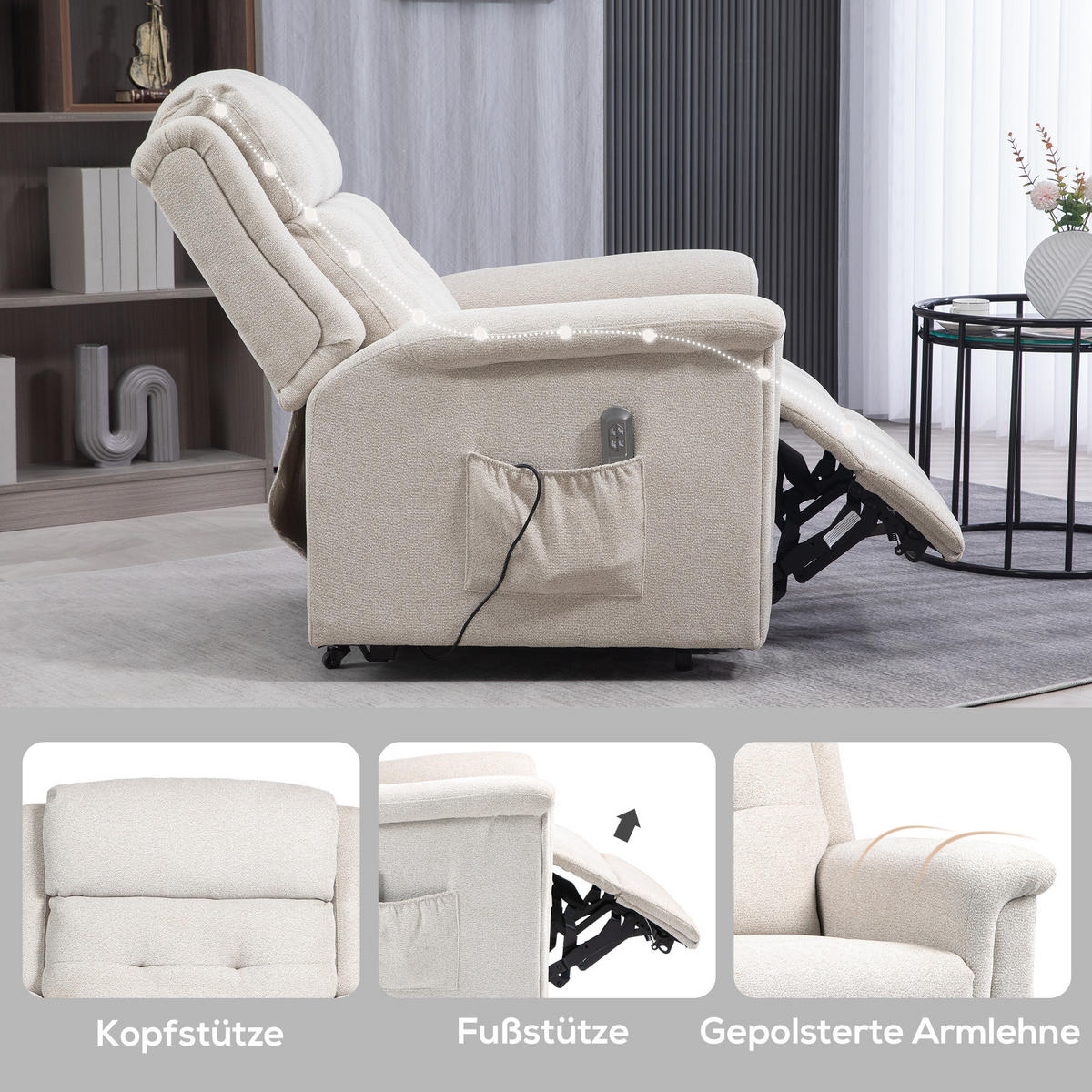 FERNSEHSESSEL mit Aufstehhilfe, Cremeweiß - Creme, Kunststoff (87/108/92cm) - HOMCOM