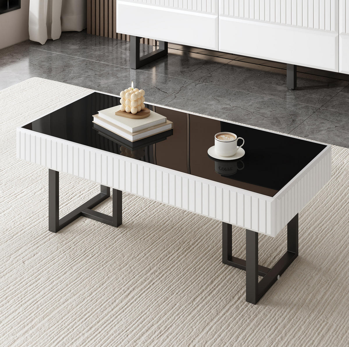 COUCHTISCH aus MDF und Spanplatte 110x50,5x41 cm Weiß-Schwarz mit hochglänzender Tischplatte - Weiß, Holzwerkstoff (110/50.5/41cm) - IVMEU