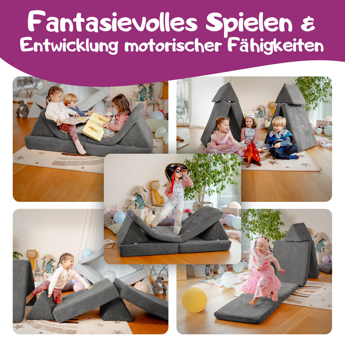 KINDERSOFA Spielparadies - Dunkelgrau, Textil (66/52/150cm) - Linodino