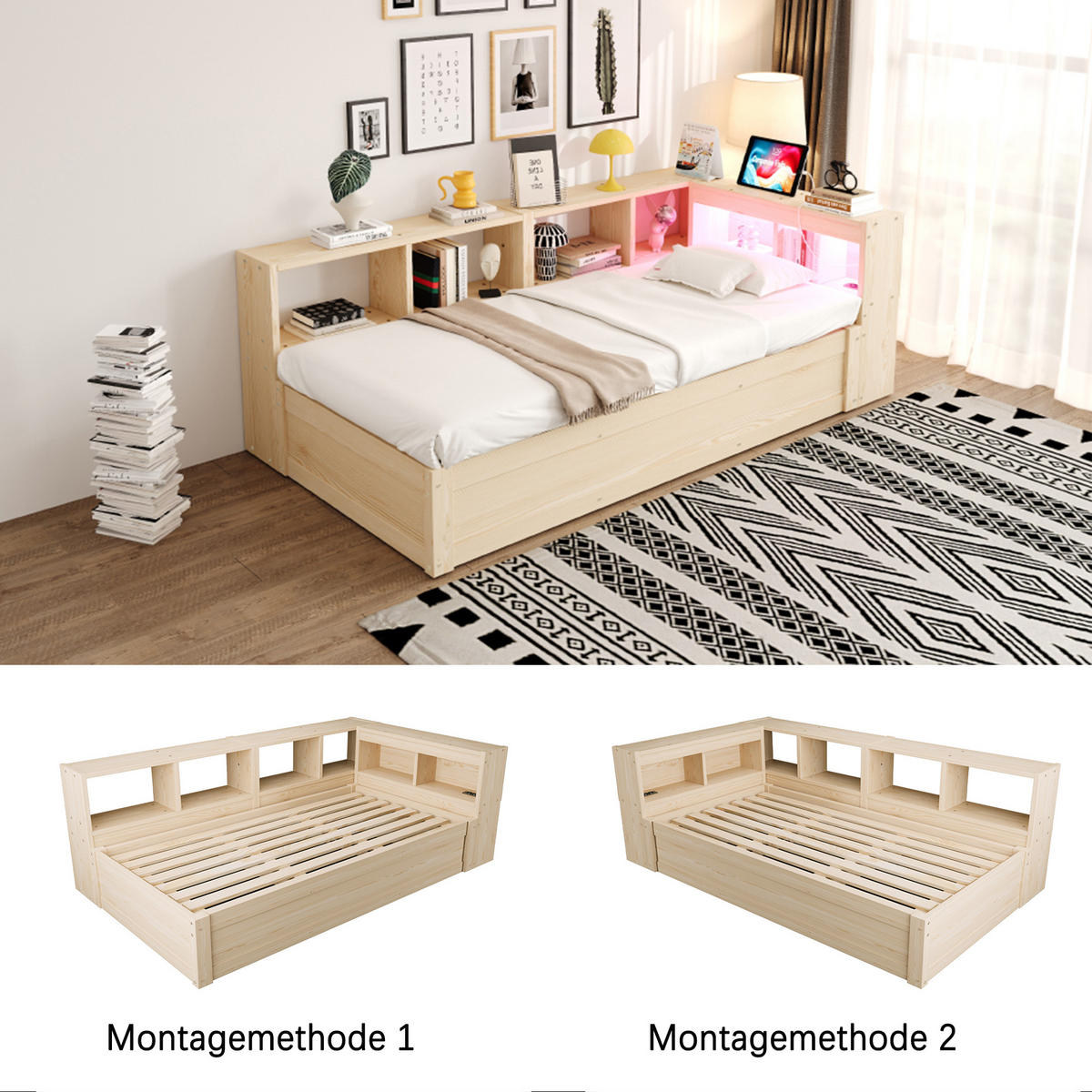 SCHLAFSOFA 90x200cm LED Stauraum Steckdose Massivholz - Naturfarben, Holzwerkstoff (90/200cm) - FLIEKS