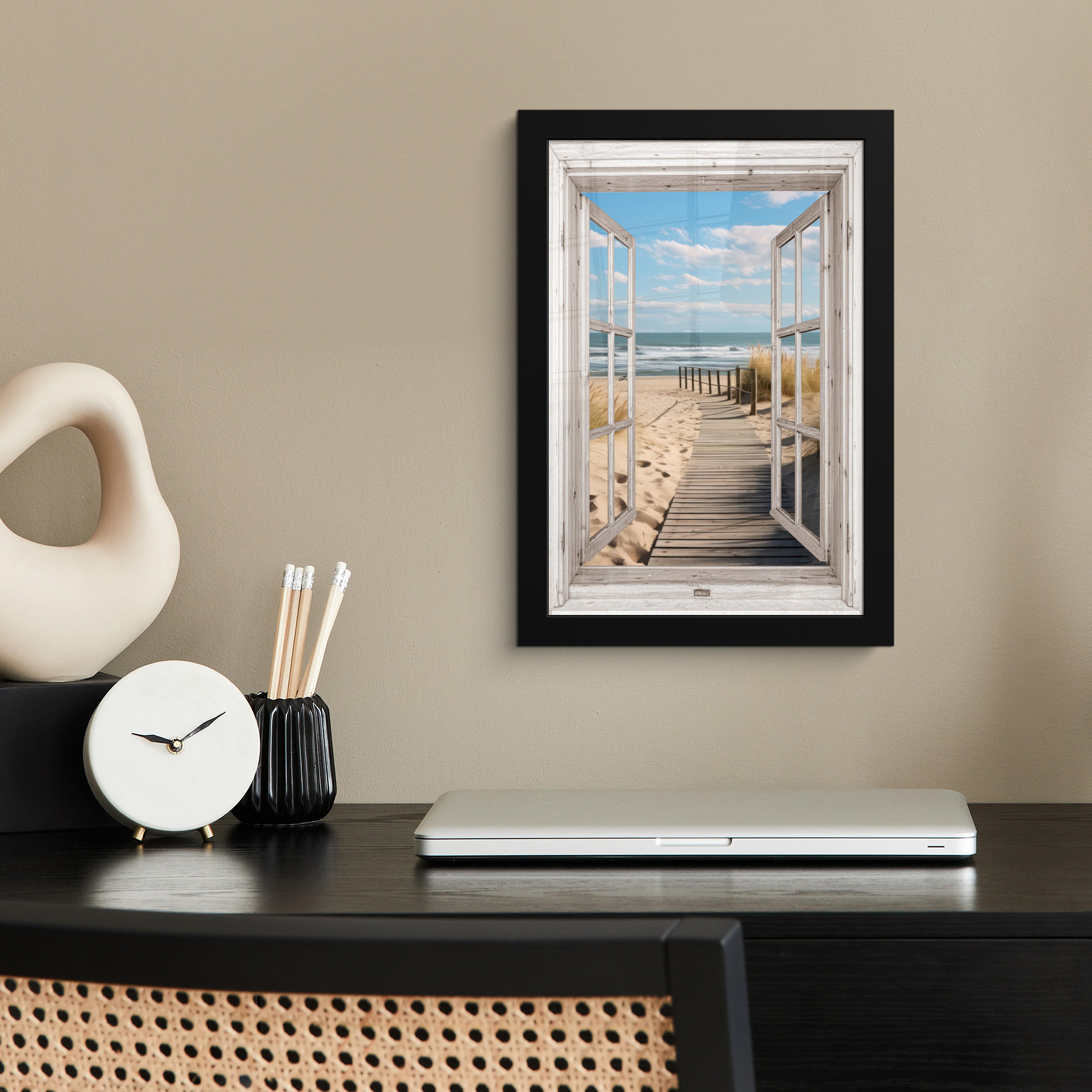 GERAHMTES BILD Fenster - Meer - Küste - Natur - Ausblick - Strand - Wattenmeer 20x30 cm - Beige, Papier (20/30cm) - MuchoWow