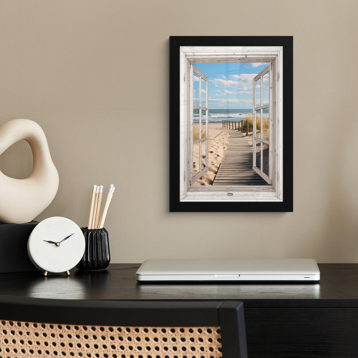 GERAHMTES BILD Fenster - Meer - Küste - Natur - Ausblick - Strand - Wattenmeer 20x30 cm - Beige, Papier (20/30cm) - MuchoWow