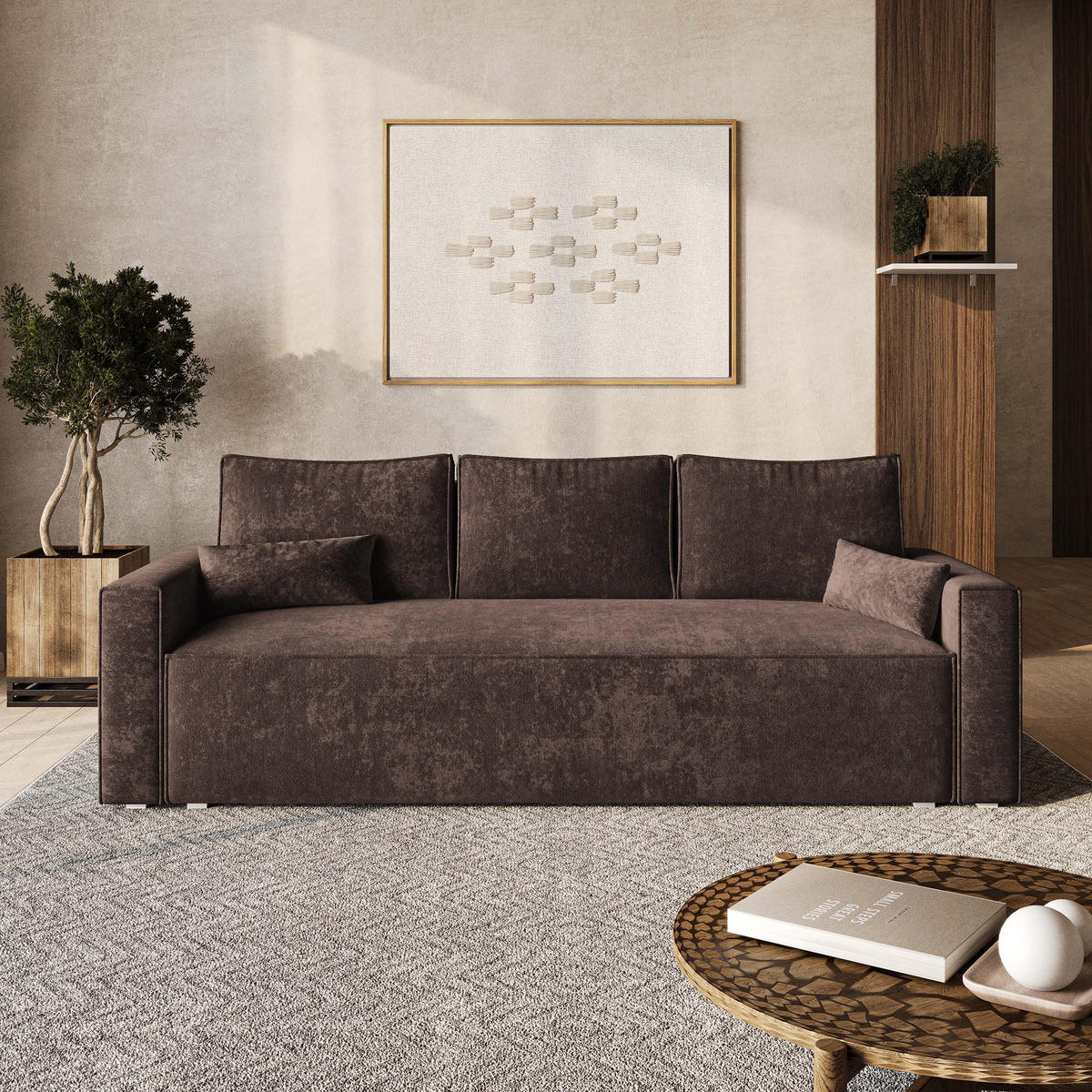 POHOVKA MENI, Ženylová látka LUMO, Hnědá - šedá/hnědá, kompozitní dřevo/textil (232/85/87cm) - MASSENO
