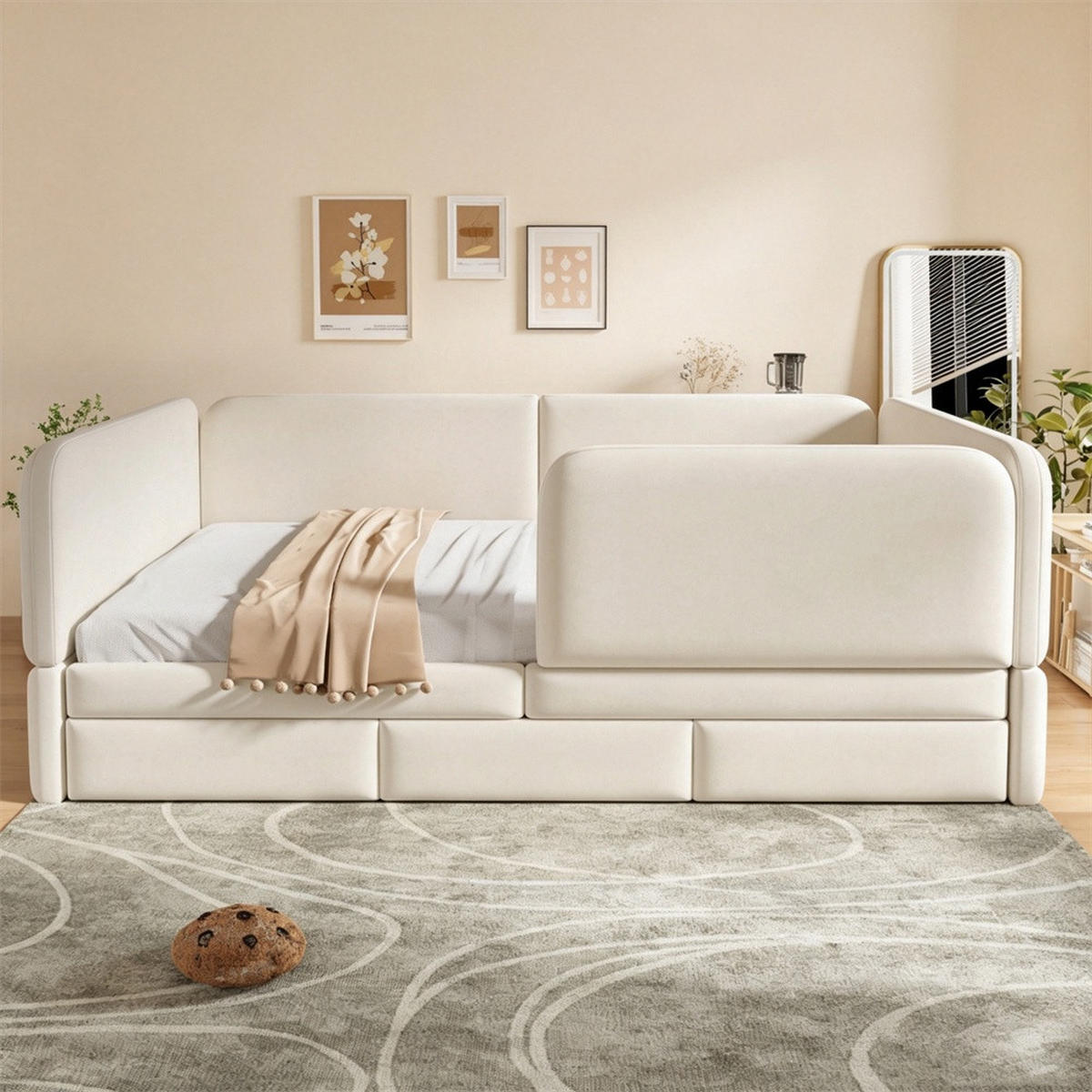 POLSTERBETT 140x200 cm mit Rundum-Sicherheitsumrandung & 3 Schubladen - Beige - Samt - ohne Matratze - Beige, Textil (140/200cm) - DELFA