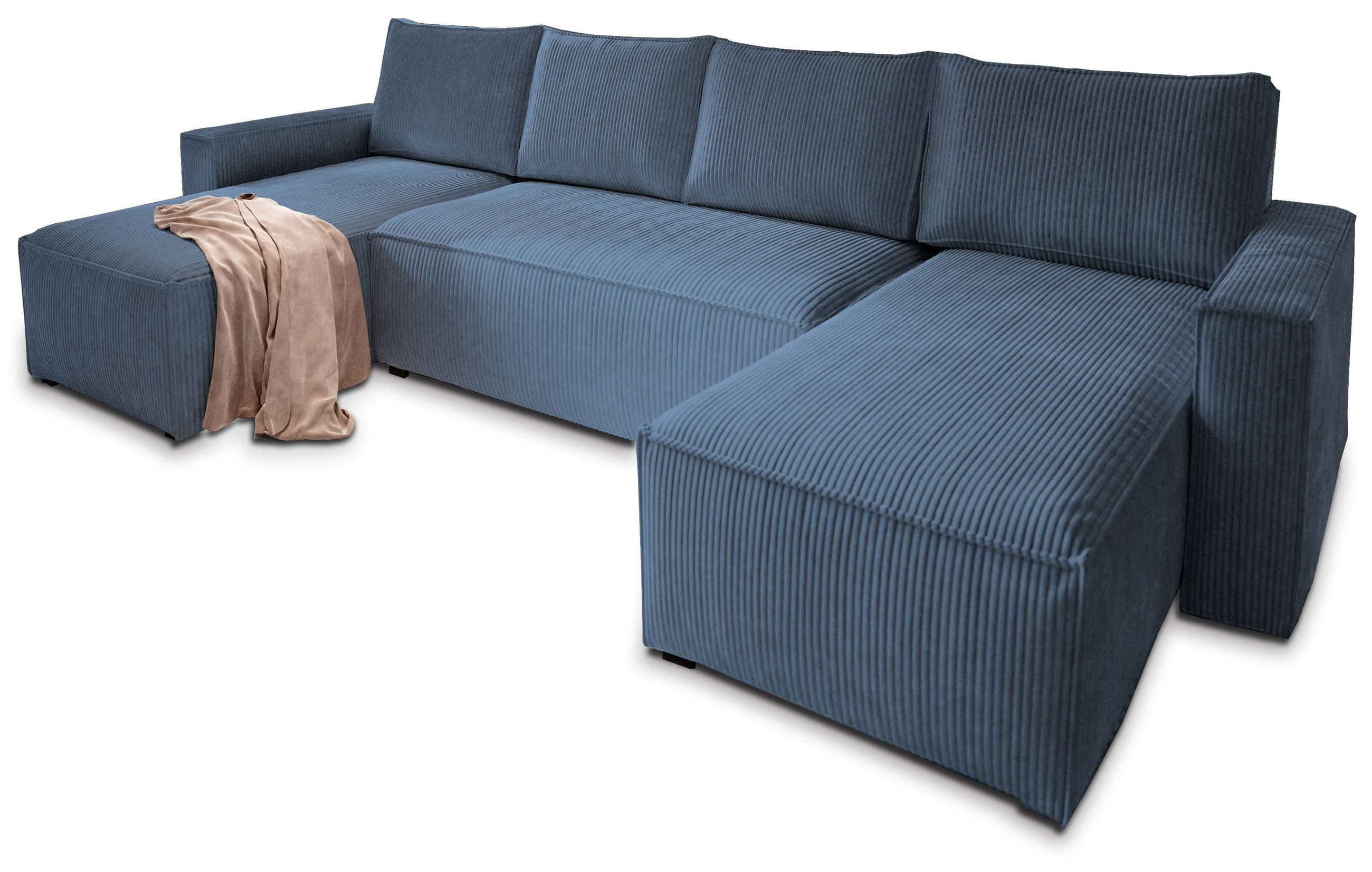 ROHOVÁ SEDAČKA ASPRA modrá - šedá/modrá, dřevo/textil (295/140cm) - MASSENO