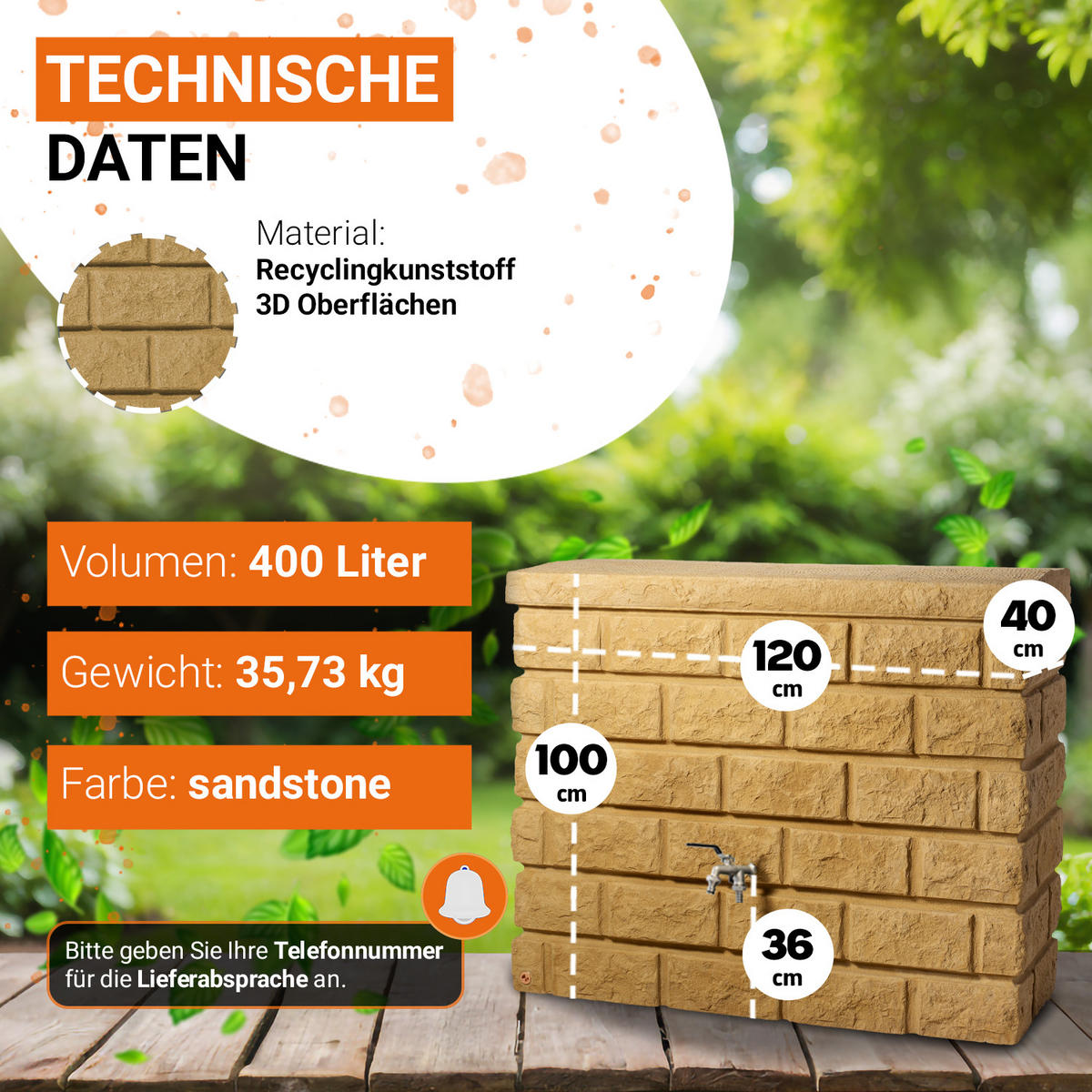 REGENTONNE Wandtank Komplett-Set 400 L, sand inkl. Chrom-Doppelauslaufhahn und Fallrohranschluss - Beige, Kunststoff (40/100/120cm) - GARANTIA