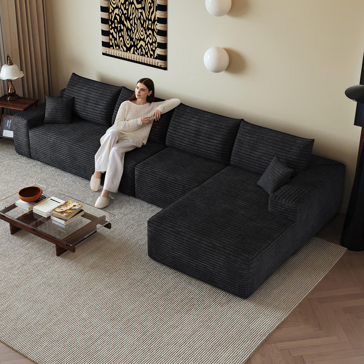ECKSOFA 340/175/83 cm Schwarz mit L-förmiger Chaiselongue, Rechte Seite - Schwarz, Textil (340/175cm) - Oxeza
