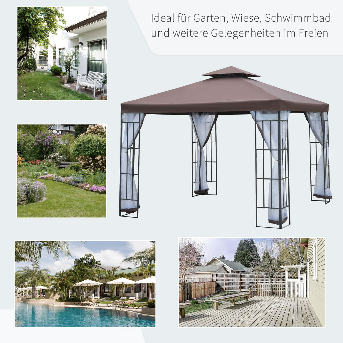 PAVILLON Gartenpavillon mit Moskitonetze Seitenwände, Partyzelt mit Doppeldach, Gartenzelt Festzelt 2,97x2,97m - Multicolor, Metall (297/270/297cm)
