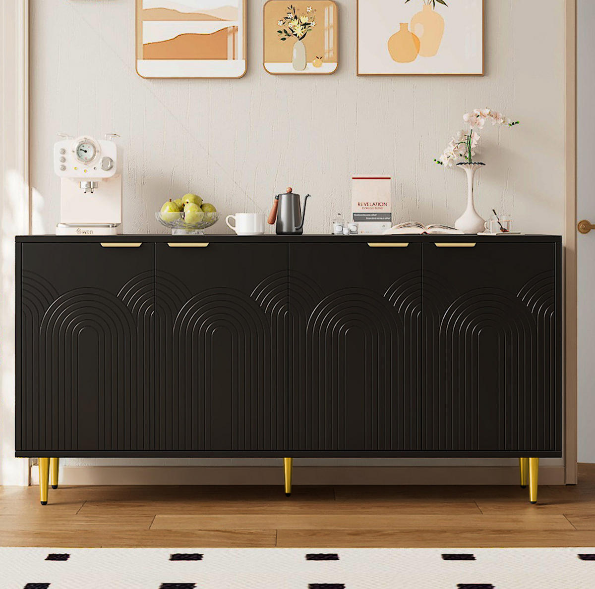 SIDEBOARD 160/40/80 cm schwarz aus MDF und Spanplatte mit 4 Türen - Schwarz, Holzwerkstoff (160/80/40cm) - OKWISH