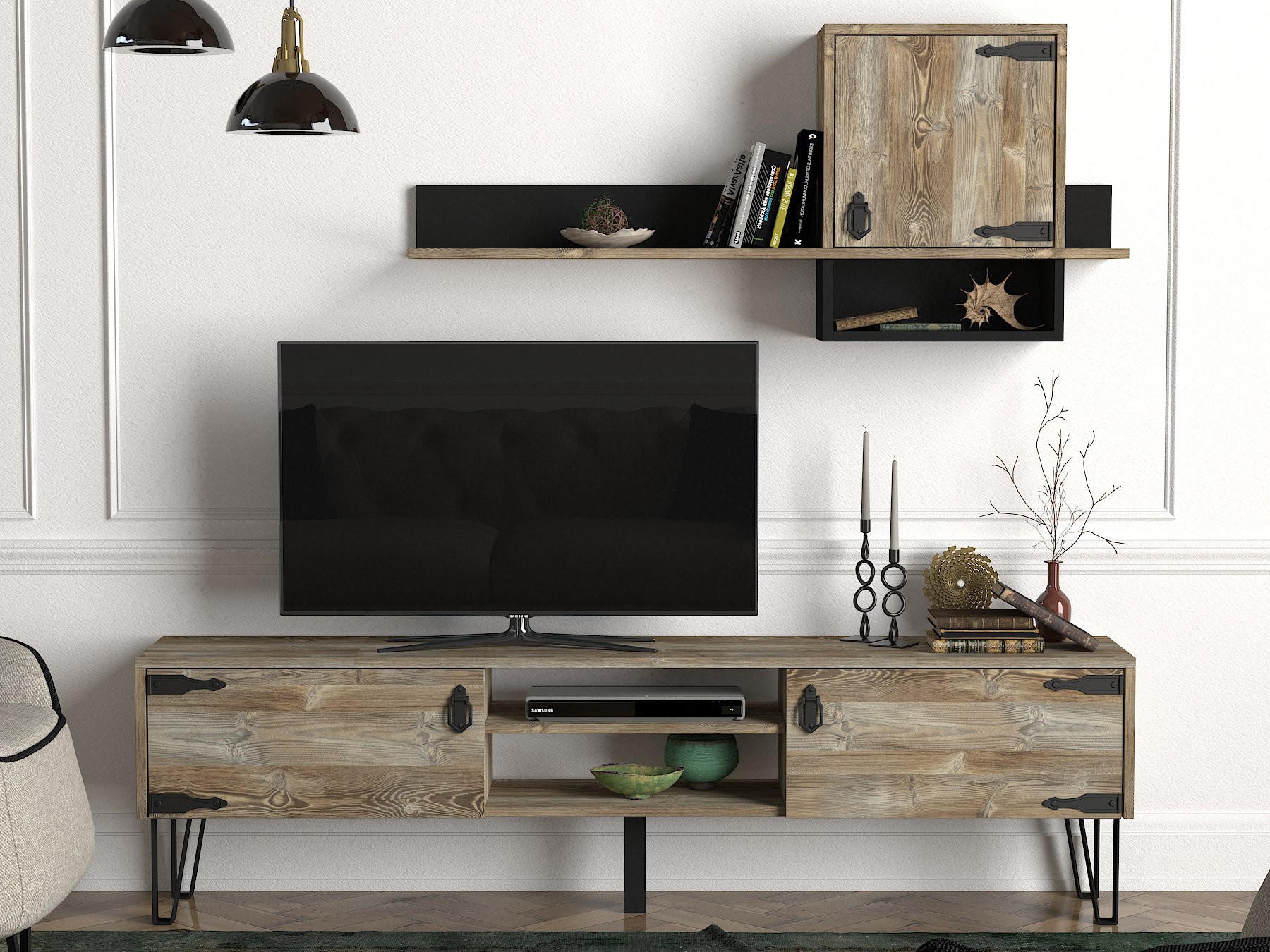 WOHNWAND Costa Eiche - Eichefarben/Schwarz, Holzwerkstoff/Metall (180/49/29.5cm) - moebel17