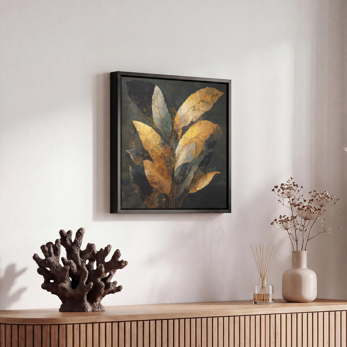 LEINWAND Bilder mit Rahmen - Golden Leaf Komposition - Botanical Luxury - 20x20 - Goldfarben, Textil (20/20cm) - MuchoWow