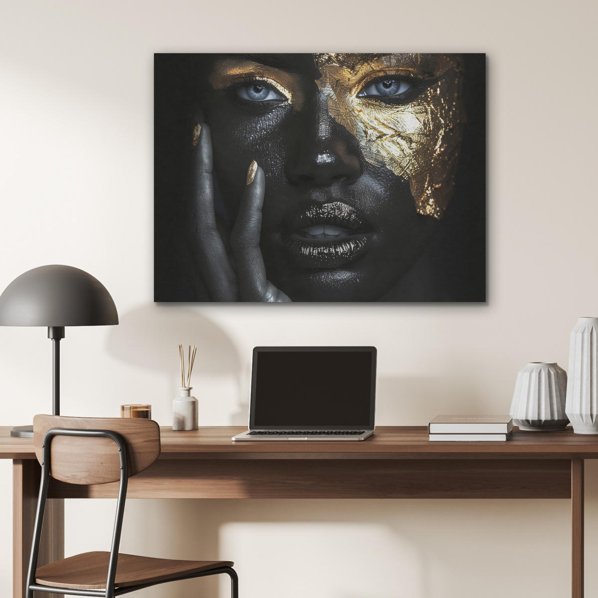 AKUSTIKPANEEL Frau - Gold - Porträt - Schwarz-Weiß - Luxus 80x60 cm - Hellblau, Textil (80/0.9/60cm) - MuchoWow
