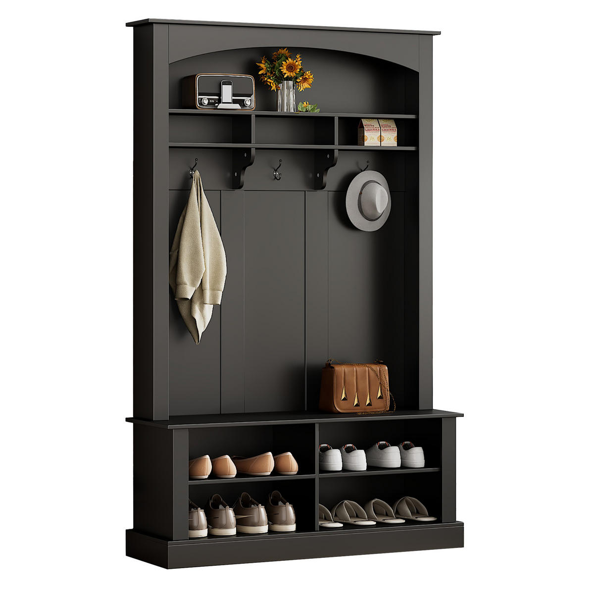 STANDGARDEROBE mit Sitzbank, 3 Haken und Schuhablage, Schwarz, 120/40/190 cm - Schwarz, Holzwerkstoff (120/190/40cm) - BEAOK