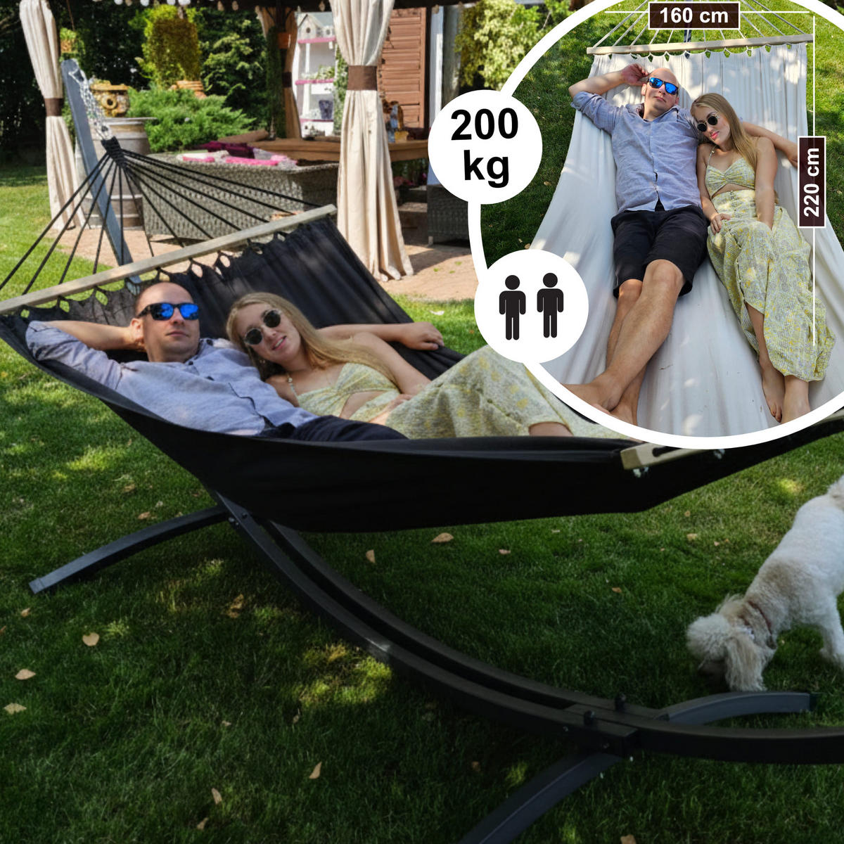 HÄNGEMATTE mit Gestell, 2 Personen, Stabhängematte, XXL, 200 kg, Metall, Grey, einfache Montage - Grau, Metall (370/130/120cm) - Potenza