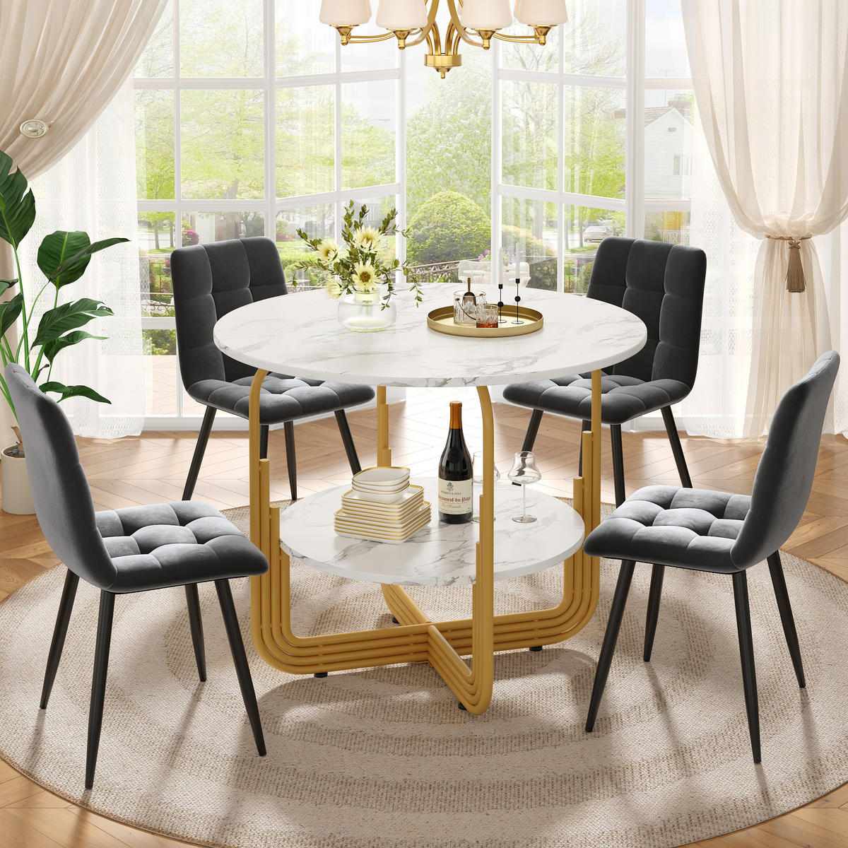 ESSTISCHSET 5-Teilig Rund 80 Cm, MDF Marmor, 4 Graue Stühle, Gold - Multicolor, Holzwerkstoff (86.51/10.01/91.49cm) - FLIEKS