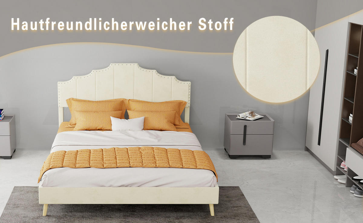 POLSTERBETT 140/200 cm mit geometrischem Kopfteil und Matratze, Beige - Beige, Textil (140/200cm) - Redom