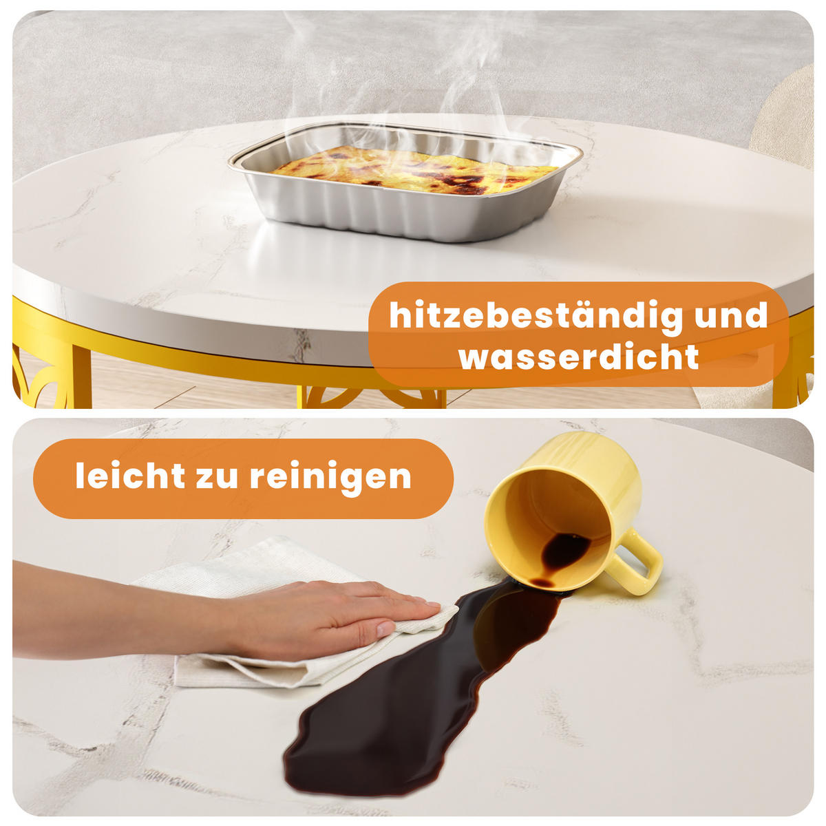 COUCHTISCH in Goldfarben Hitzebeständiger Wohnzimmertisch mit Marmor-Optik Platte Sofatisch mit Metallgestell - Goldfarben/Weiß, Holzwerkstoff/Metall (70/70/45cm) - STILVORA