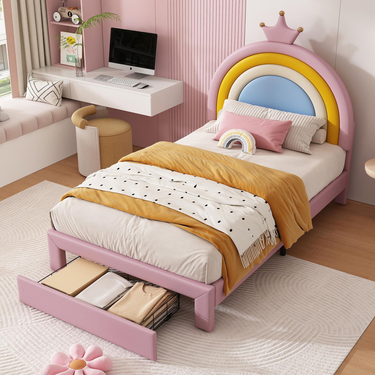 KINDER-POLSTERBETT aus PU 90x200 cm Rosa mit höhenverstellbarem Regenbogen-Kopfteil und Schublade - Pink, Kunststoff (90/200cm) - IVMEU