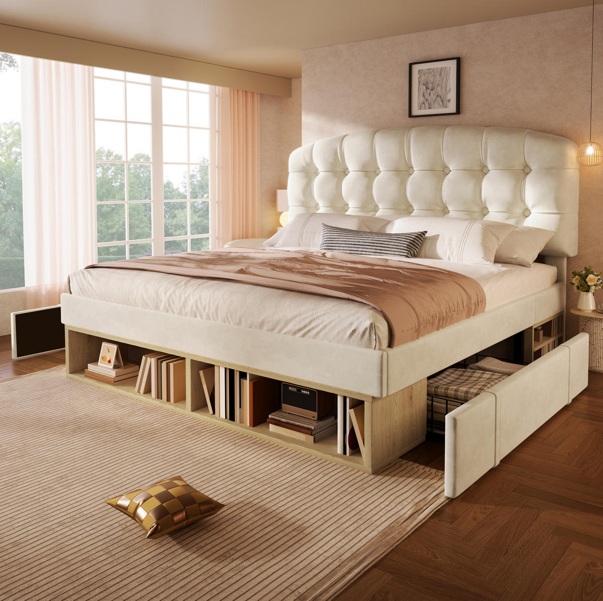 POLSTERBETT mit Schubladen und Lattenrost 140x200 cm Samt Beige - Beige, Metall (140/200cm) - Meubliv