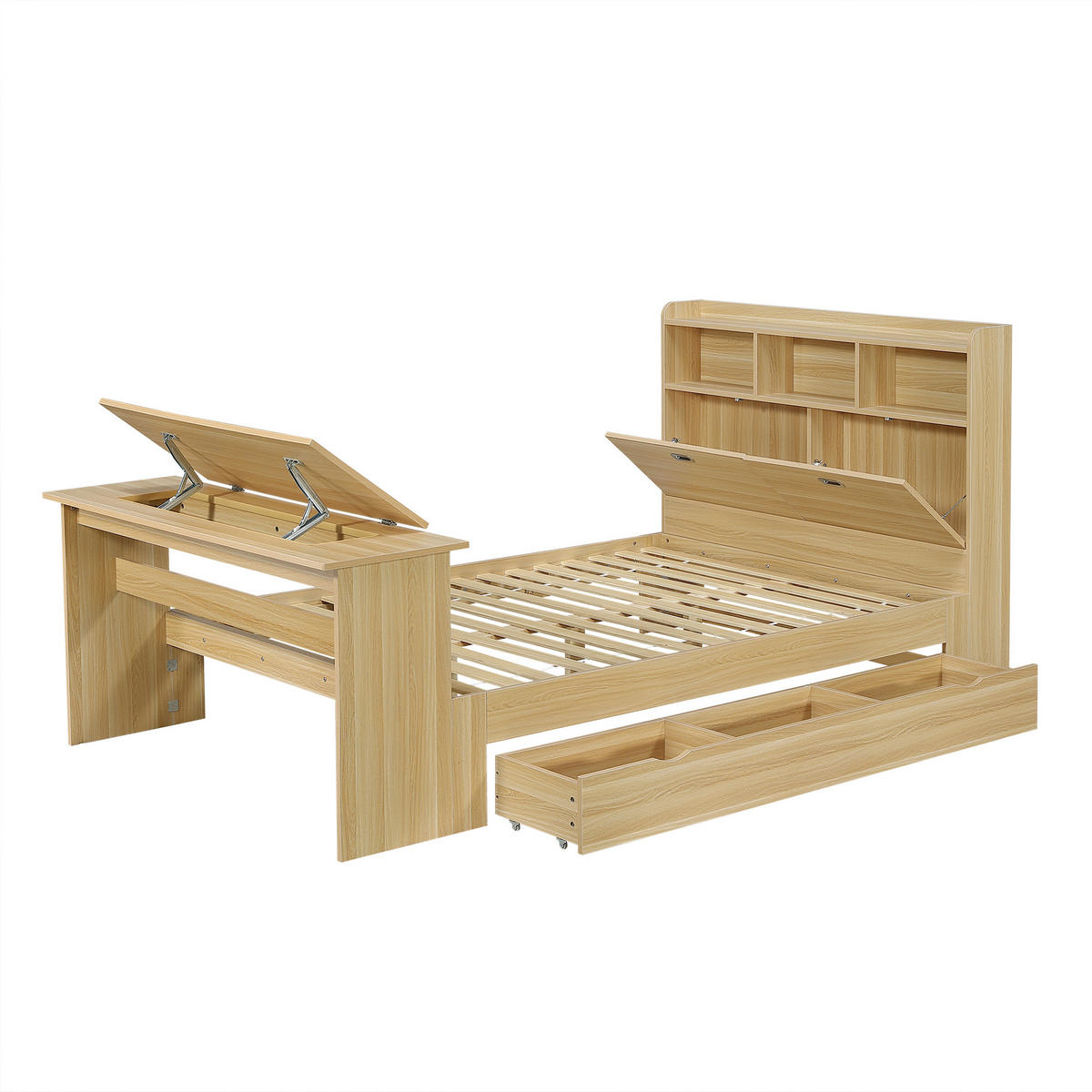 BETT mit Stauraum 140x200 cm Holz Natural 4-tlg. - Naturfarben, Holz (140/200cm) - Meubliv