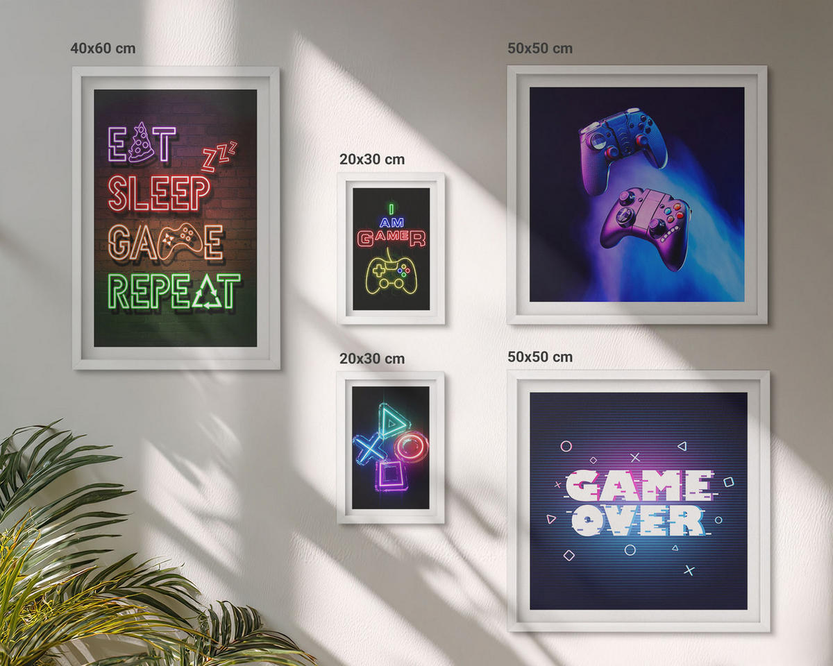 BILDER SET 5er Set - 50x50 cm & 20x30 cm & 40x60 cm Weißer Rahmen - Gamepads, Spielersymbol-Untertitel - Weiß, Kunststoff (40/60cm) - TULUP
