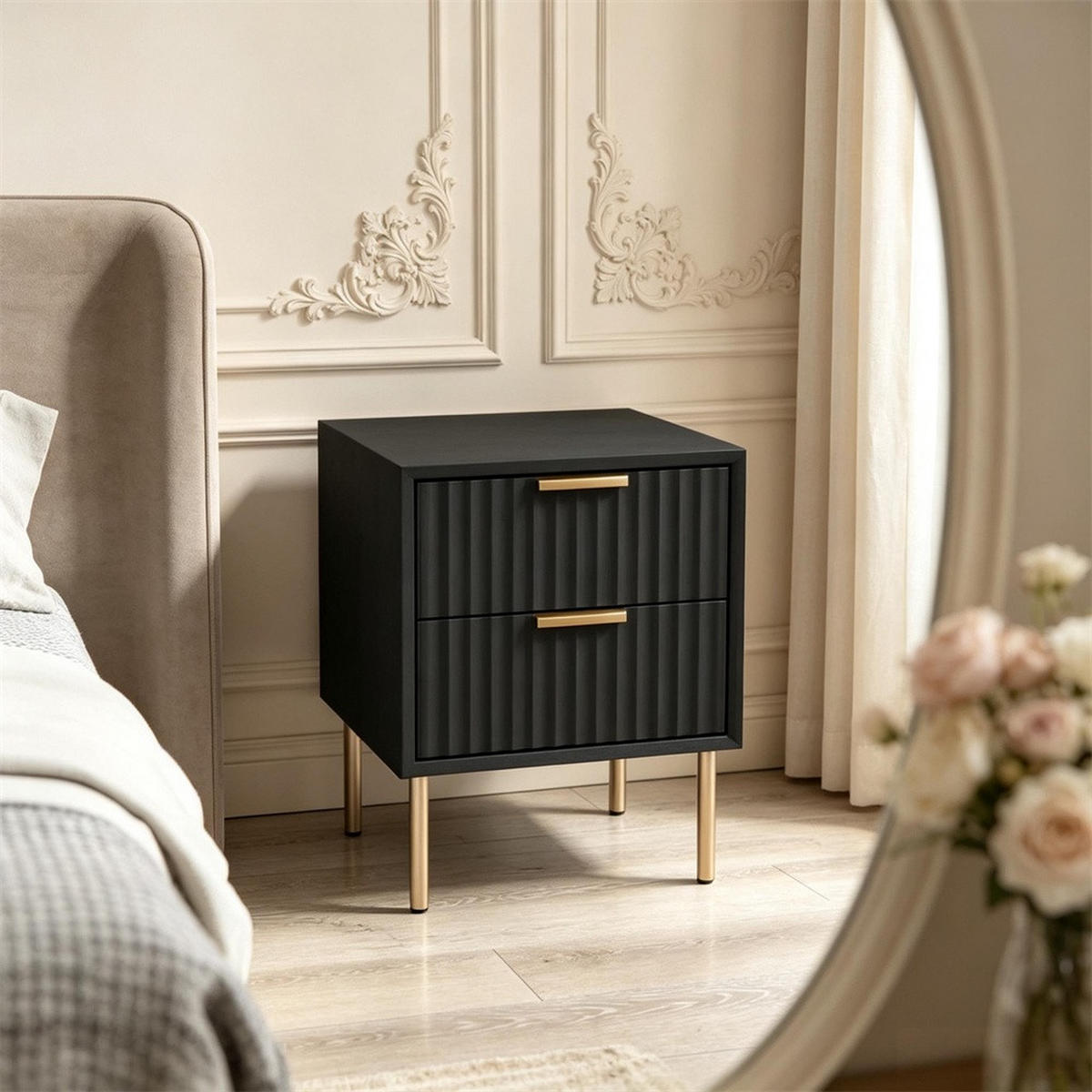NACHTTISCH 40x39x48 cm Schubladenfront mit Rillenoptik - 2 Schubladen - Goldene Griffe - Schwarz - Schwarz, Holzwerkstoff (39/48/40cm) - DELFA