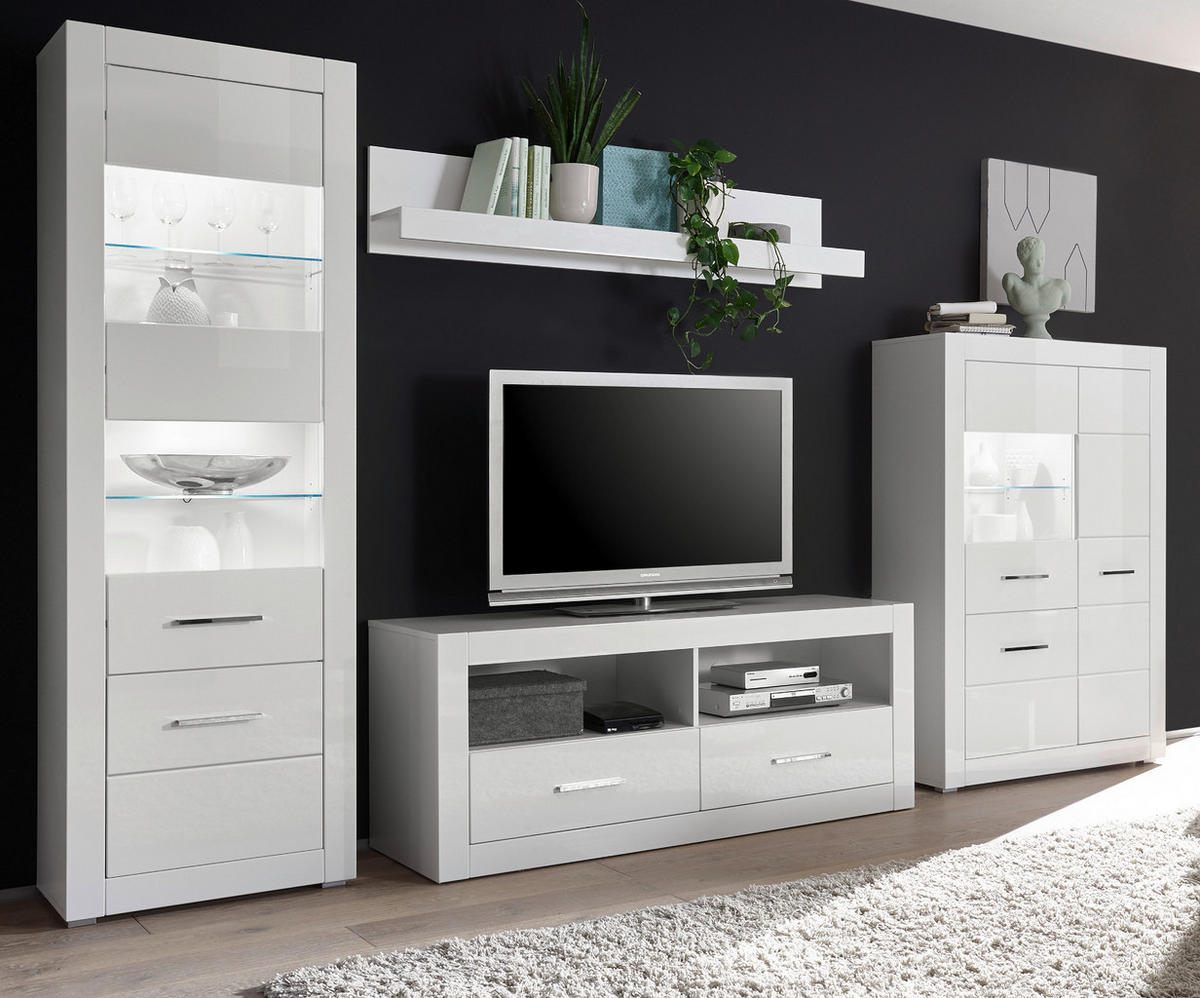 WOHNWAND weiß Hochglanz 4-teilig 335 cm, Wohnkombination mit viel Stauraum - Chromfarben/Weiß Hochglanz, Glas/Holzwerkstoff (335/198/45cm) - Furn.Design