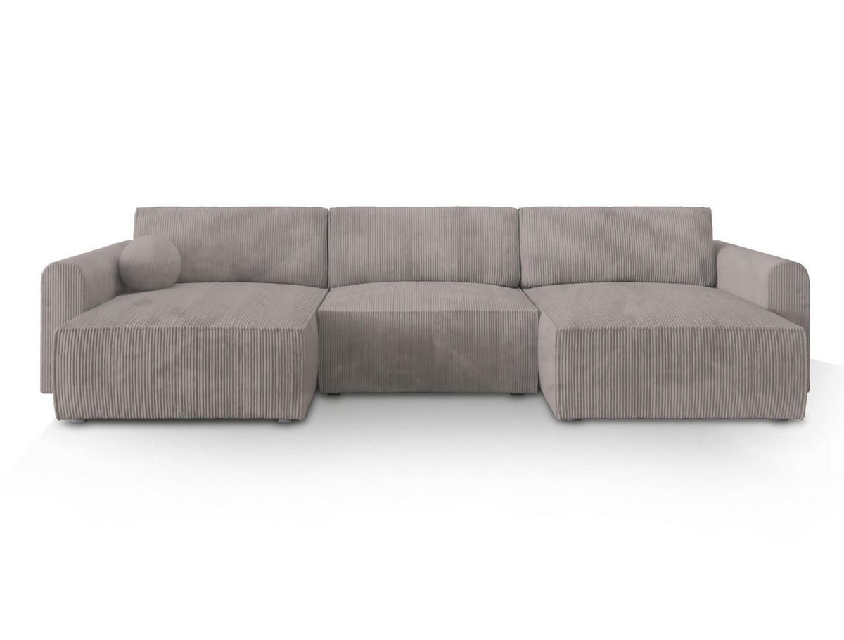 WOHNLANDSCHAFT FENTO P Beige Kordstoff mit Schlaffunktion - Beige, Holz (347/90/148cm) - MASSENO