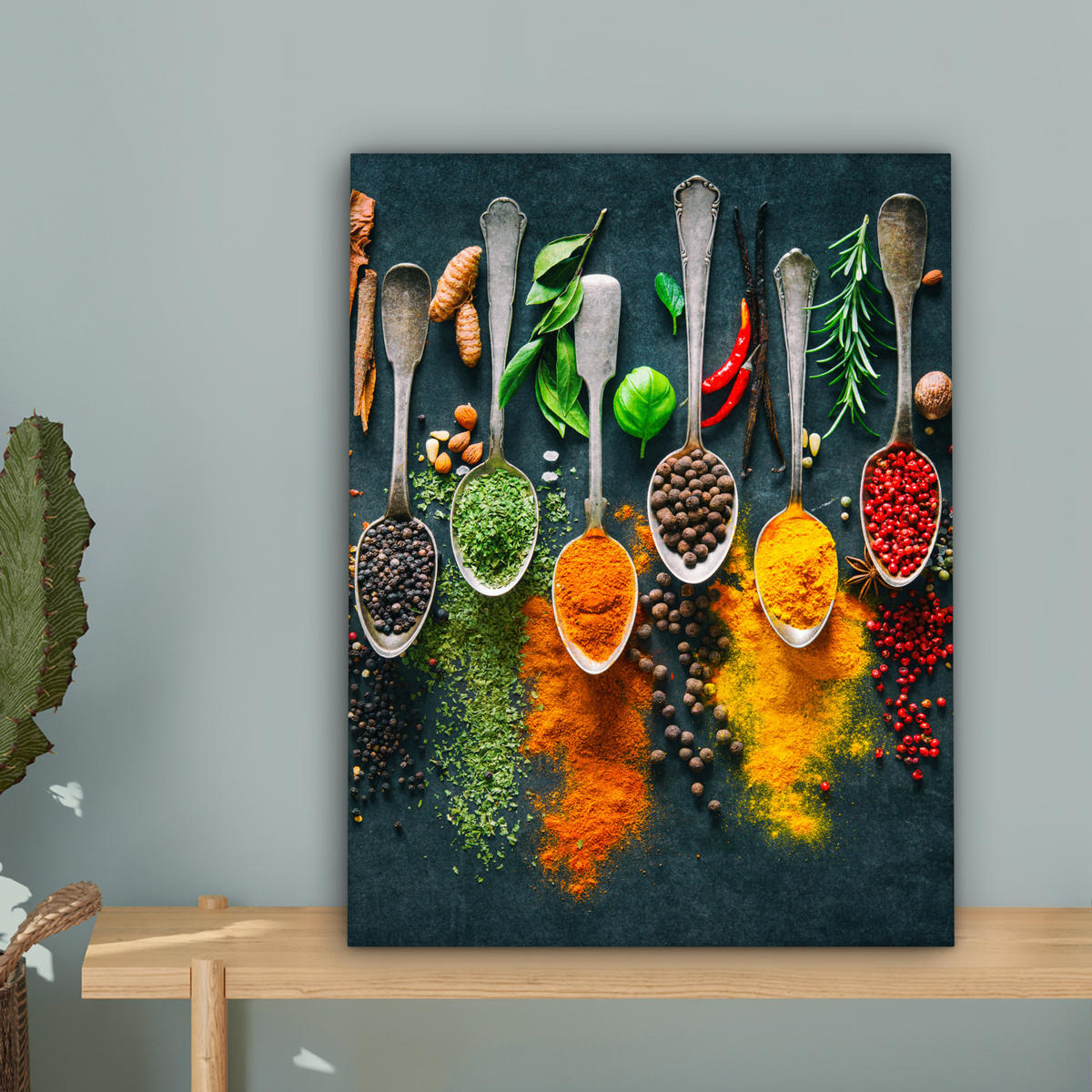 LEINWANDBILD Kräuter - Gewürze - Löffel Room Decor 30x40 cm - Currygelb, Textil (30/40cm) - MuchoWow