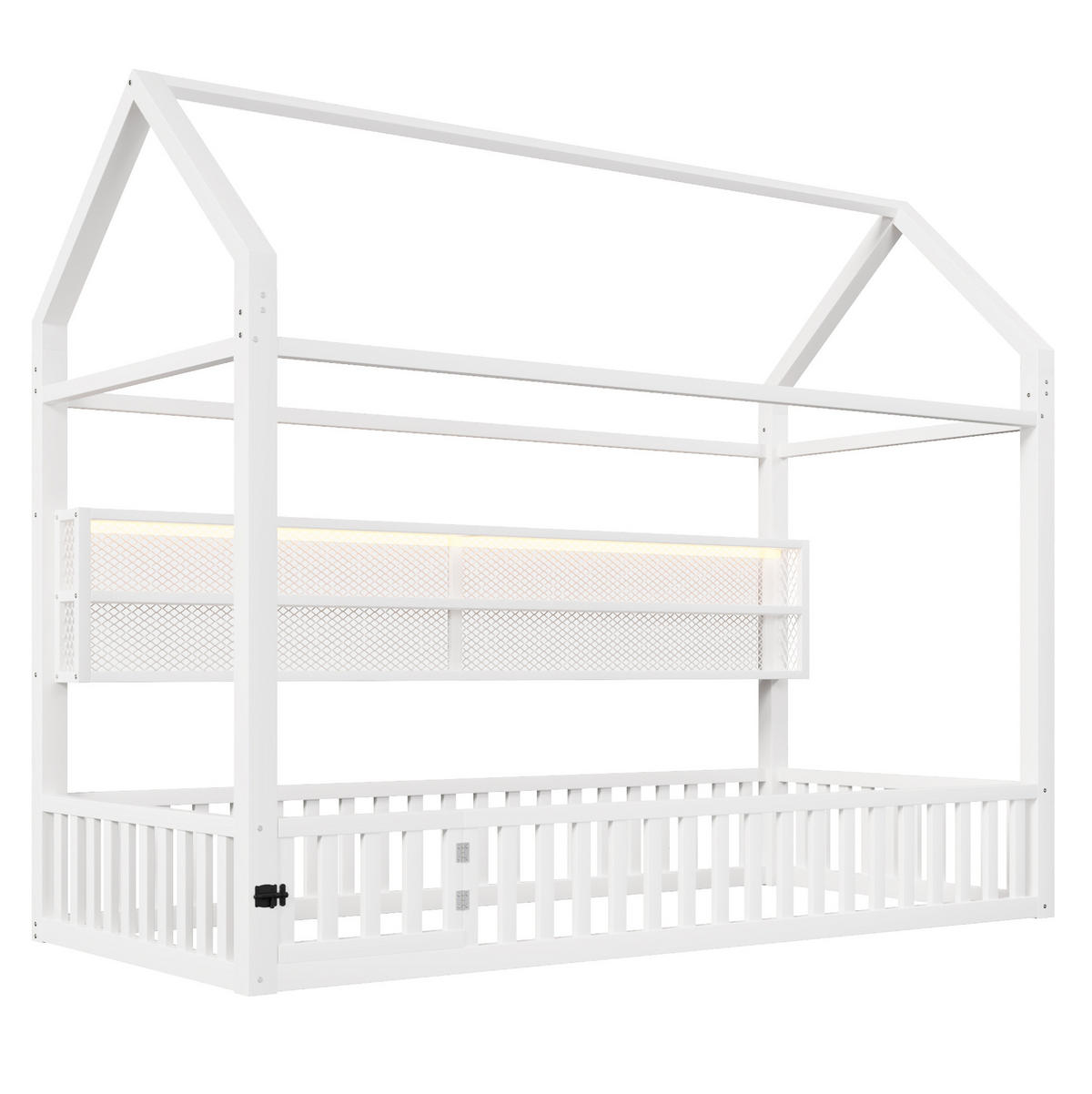 KINDERBETT Hausbett 90/200 cm aus Metall in Weiß mit Sicherheitszaun und LED - Weiß, Metall (90/200cm) - BEAOK
