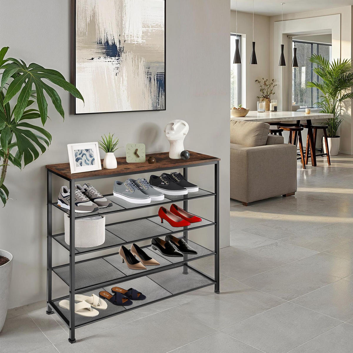 SCHUHREGAL Sheffield,100 x 30,5 x 93 cm,Industrial Holz dunkel, rustikal - Rostfarben, Metall (30.5/93/100cm) - tectake