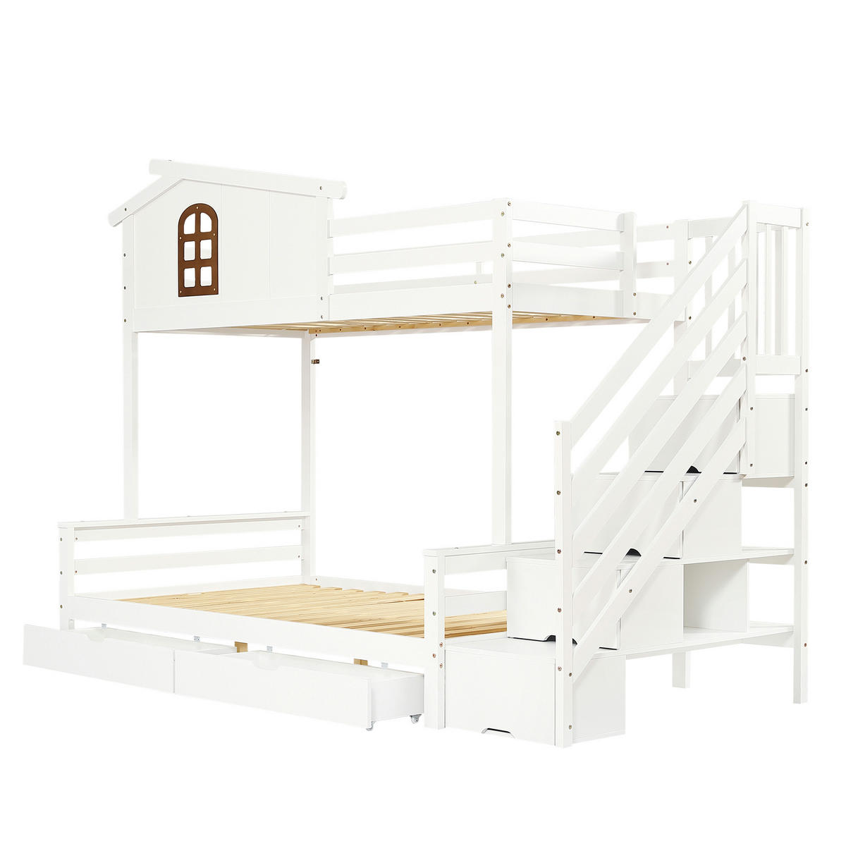 ETAGENBETT 90x200cm & 120x200cm, Zwei Schubladen mit Rollen, Weiß+Natur - Weiß, Holz (120/200cm) - KOMHTOM