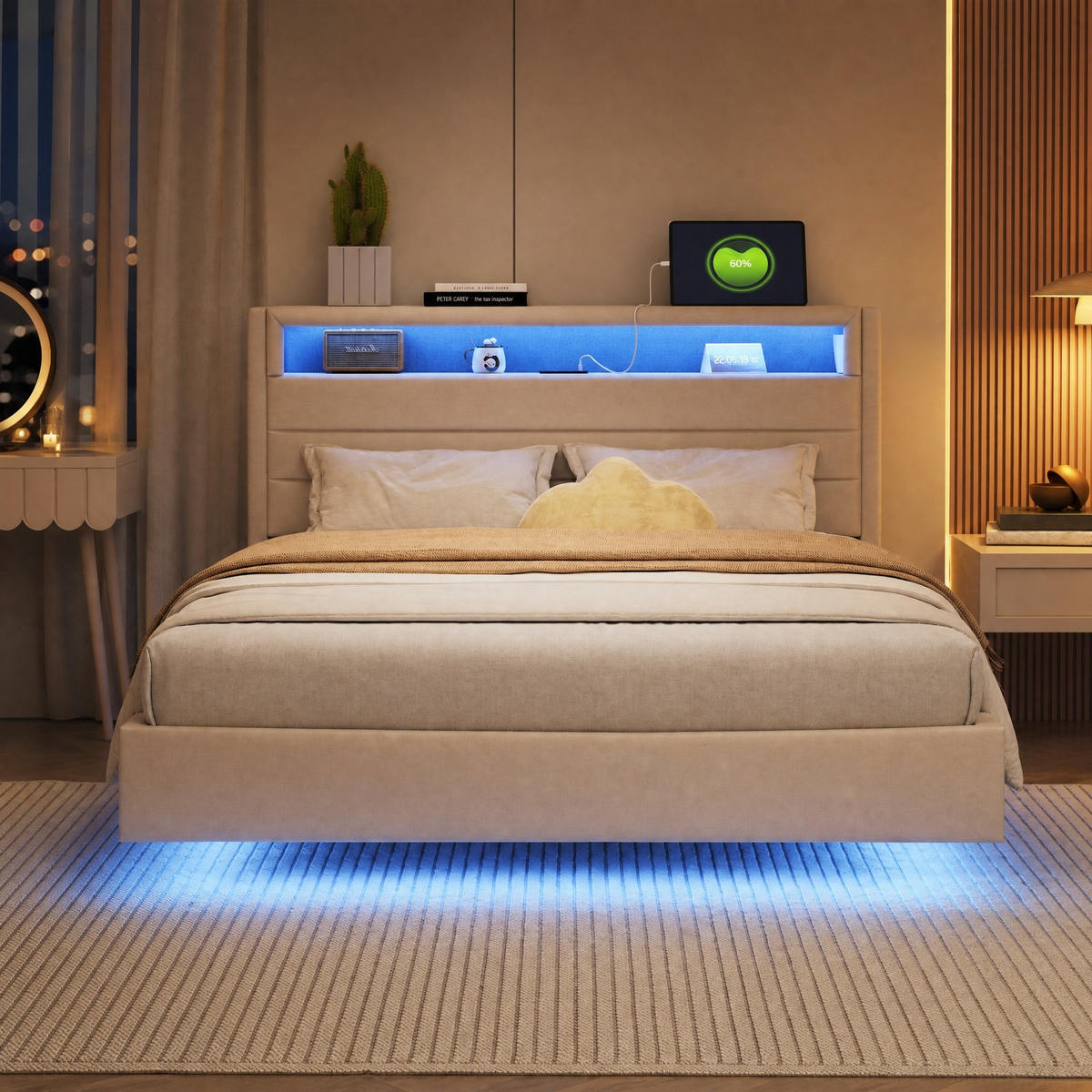 POLSTERBETT 140/200 mit USB-Steckdose, LED-Beleuchtung und Stauraum im Kopfteil in Beige - Beige, Holzwerkstoff/Textil (140/200cm) - EVRYAE