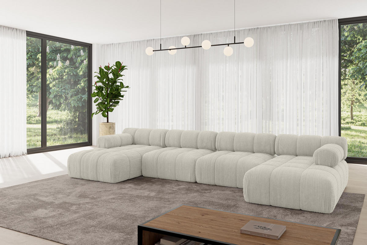 WOHNLANDSCHAFT modulares Sofa Tesso-U2 - 380x160x70 cm Hellgrau Cord - Hellgrau, Holzwerkstoff/Textil (380/70/160cm) - ALTDECOR