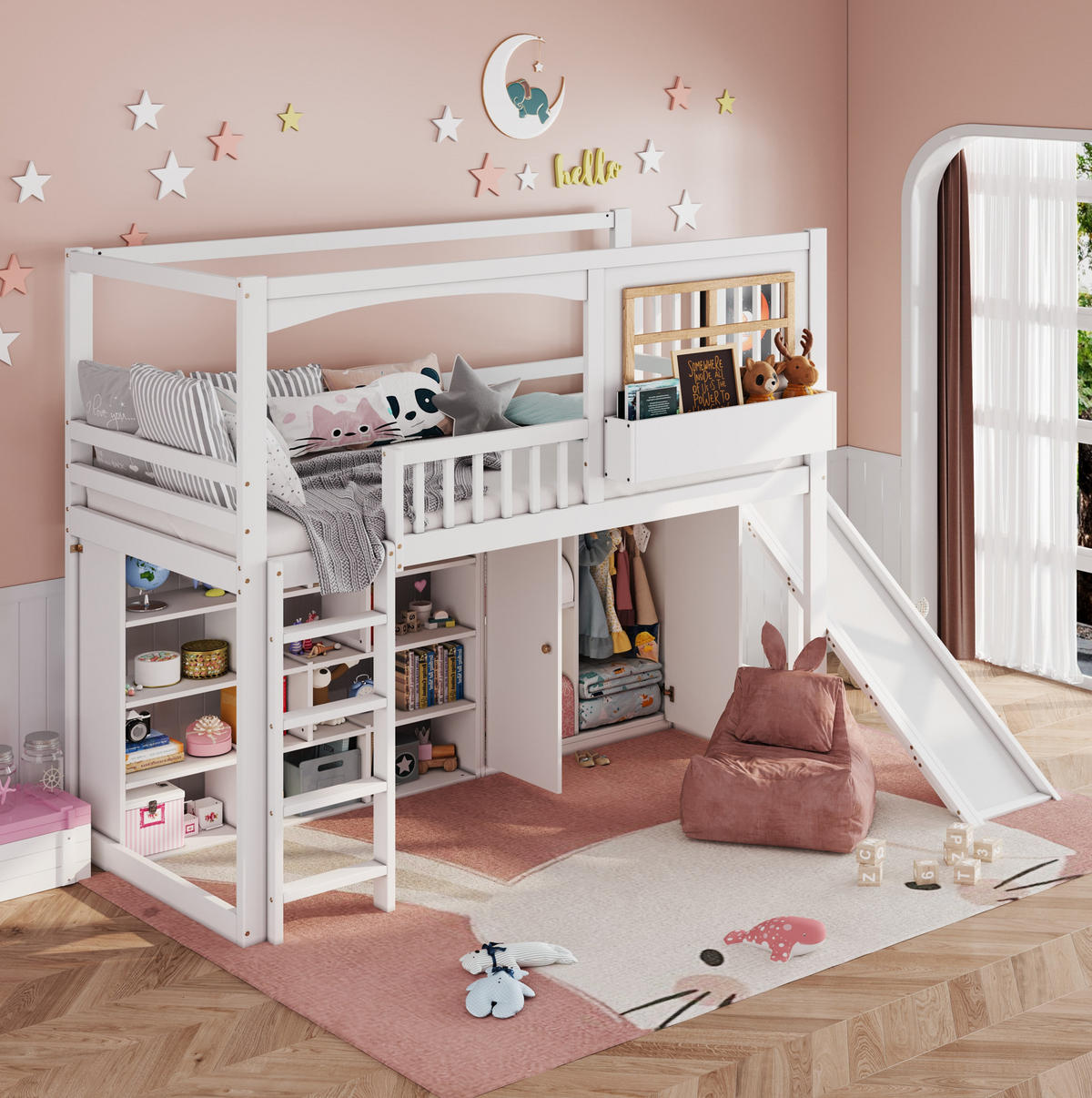 ETAGENBETT aus Kiefer, MDF und Sperrholz 90x200 cm Weiß/Natur mit Rutsche, Kleiderschrank und Regalen - Weiß, Holzwerkstoff (90/200cm) - Modfu