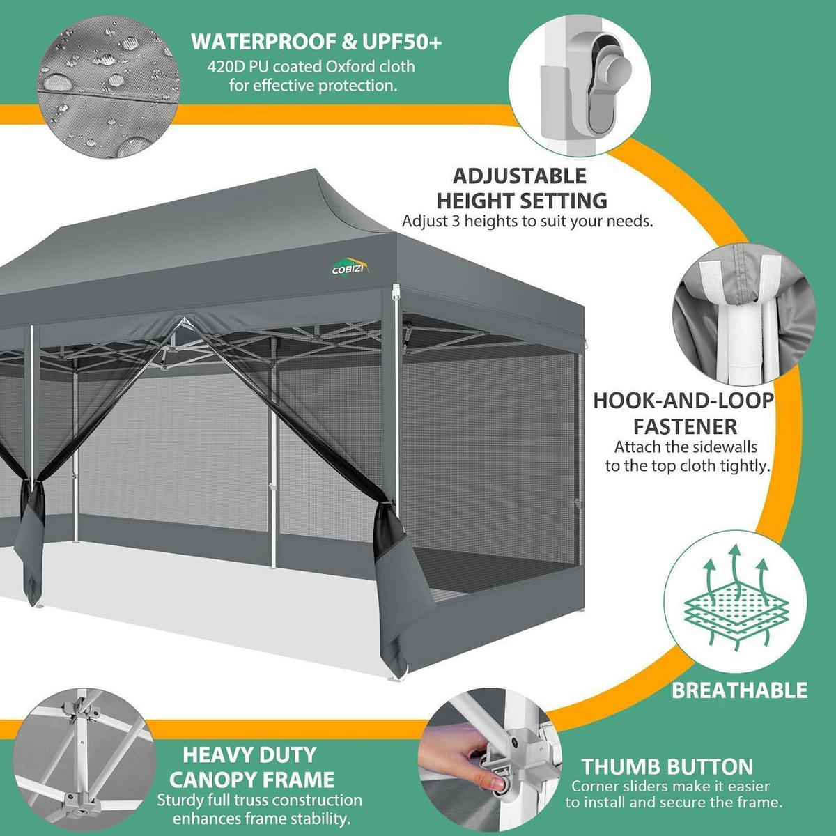 FALTPAVILLON 3x6m grau mit 6 Mesh-Seitenwänden - Grau, Textil (300/336/600cm)