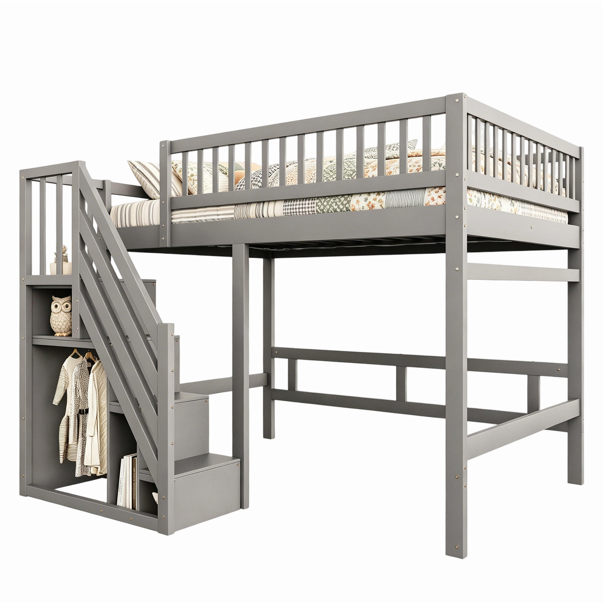 HOCHBETT 140/200 cm in Grau Kinderbett mit Aufbewahrungstreppe und Stauraum Massivholz Design - Grau, Holz (140/200cm) - STILVORA