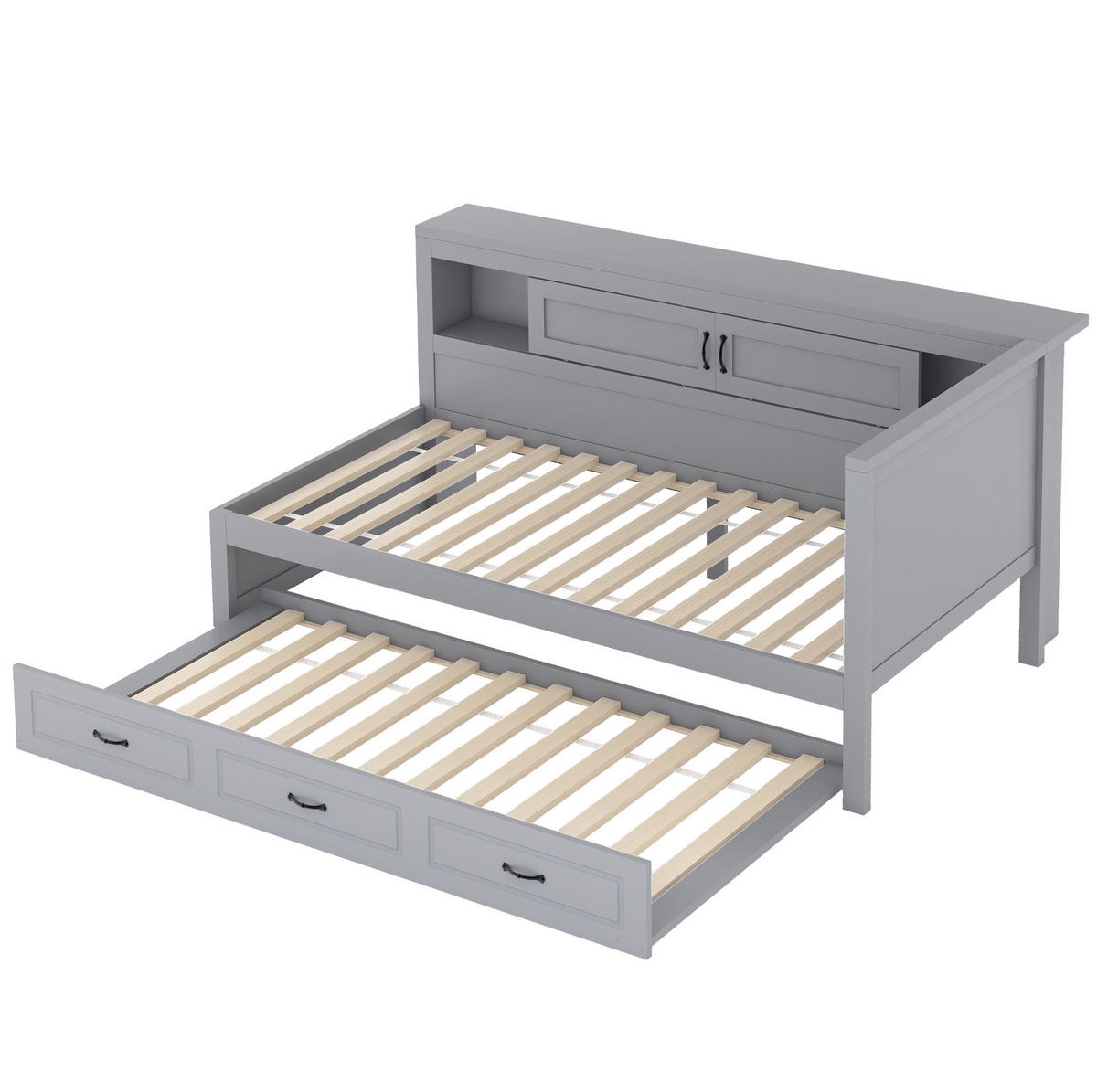 BETT 90/200 cm mit Ausziehbett, LED, USB und Stauraum in Grau - Grau, Holzwerkstoff (90/200cm) - BEAOK