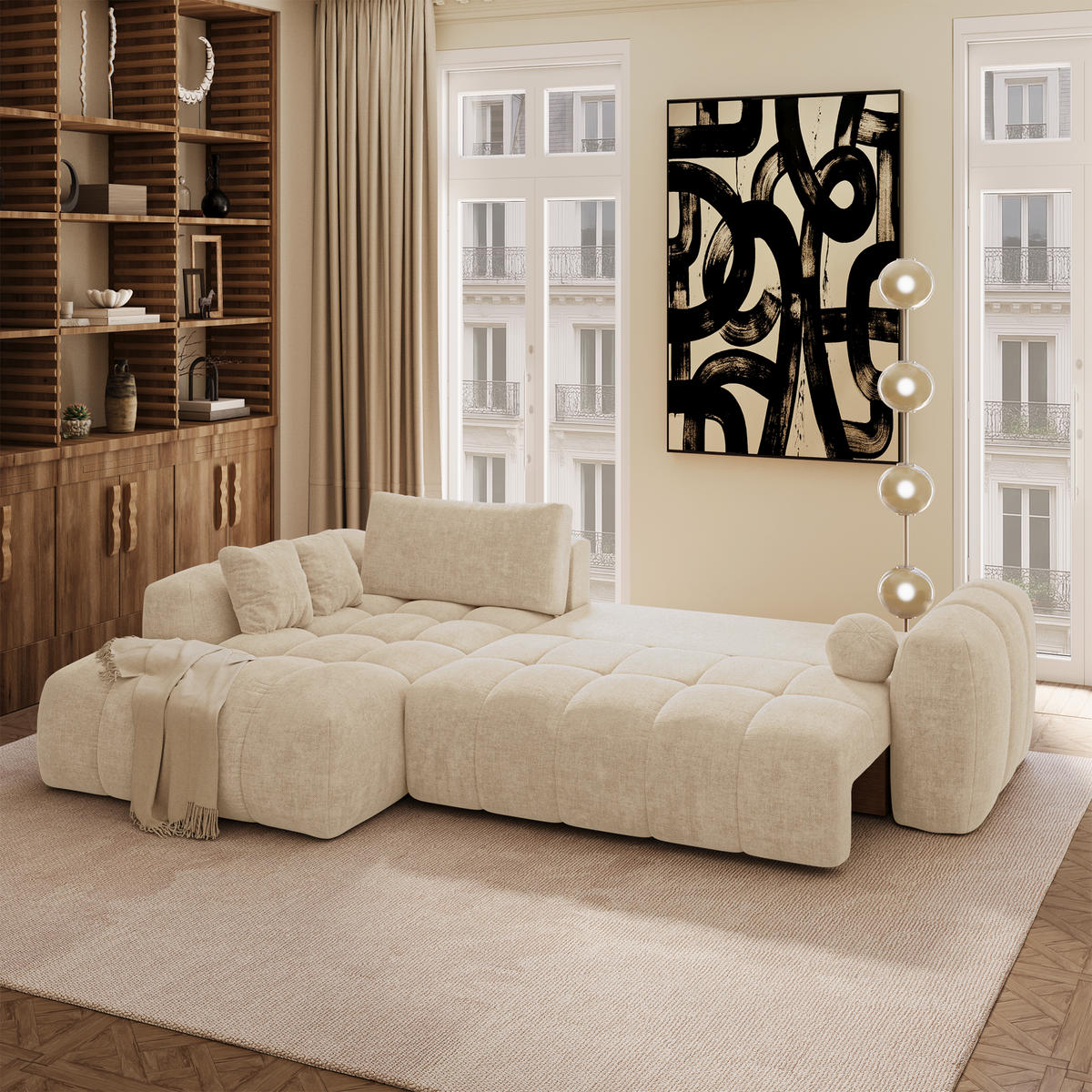 LINKSECK-SCHLAFSOFA mit Stauraum SKY Köpergewebe Beige 310cm - Beige, Textil (310/180cm) - Premium Interiors